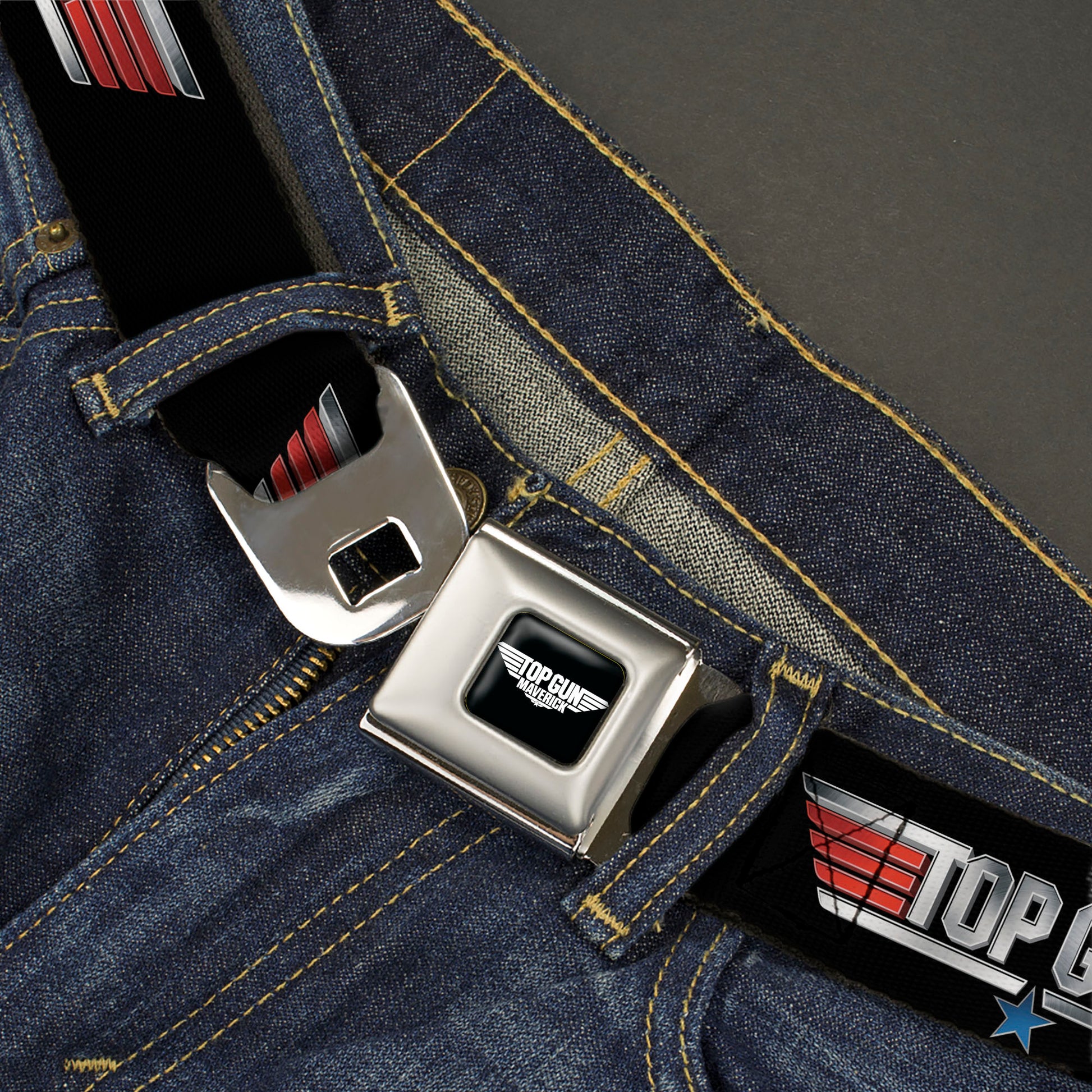 TOP GUN Title Logo Full Color Black/White Seatbelt Belt - TOP GUN Title Logo Black/Silver/Red/Blue Webbing Seatbelt Belts Top Gun