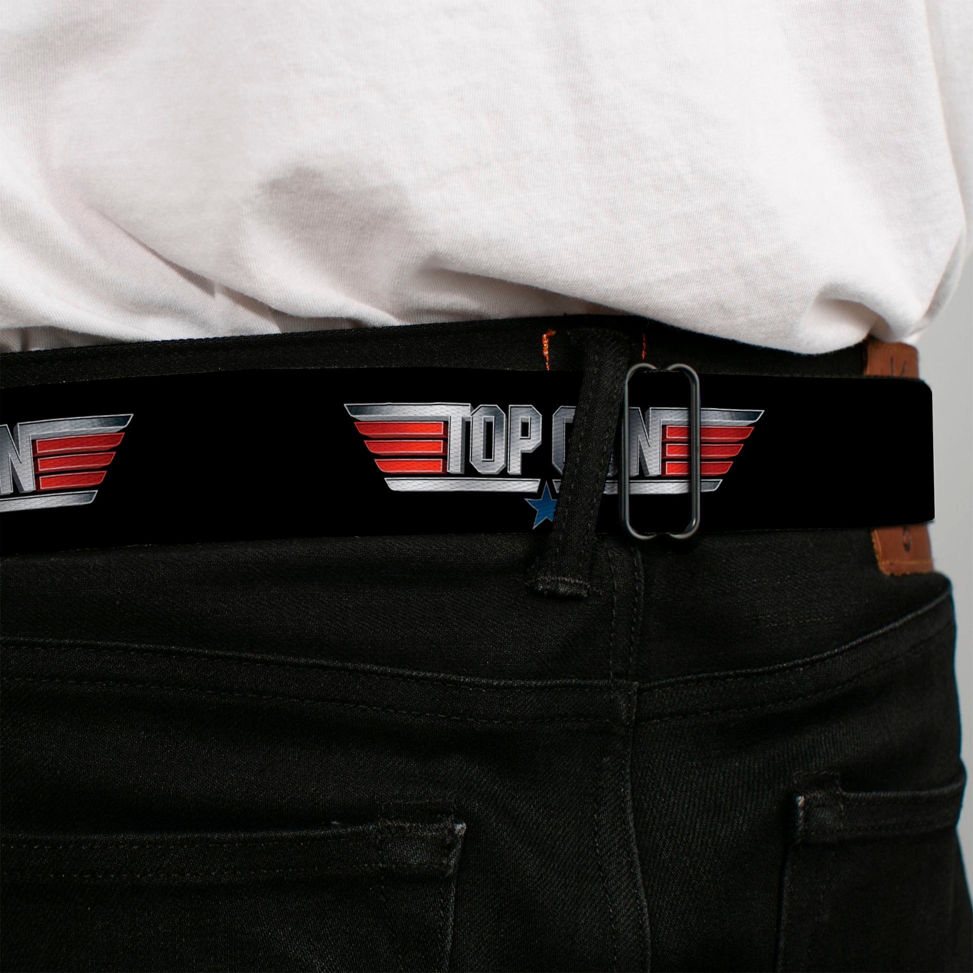 TOP GUN Title Logo Full Color Black/White Seatbelt Belt - TOP GUN Title Logo Black/Silver/Red/Blue Webbing Seatbelt Belts Top Gun