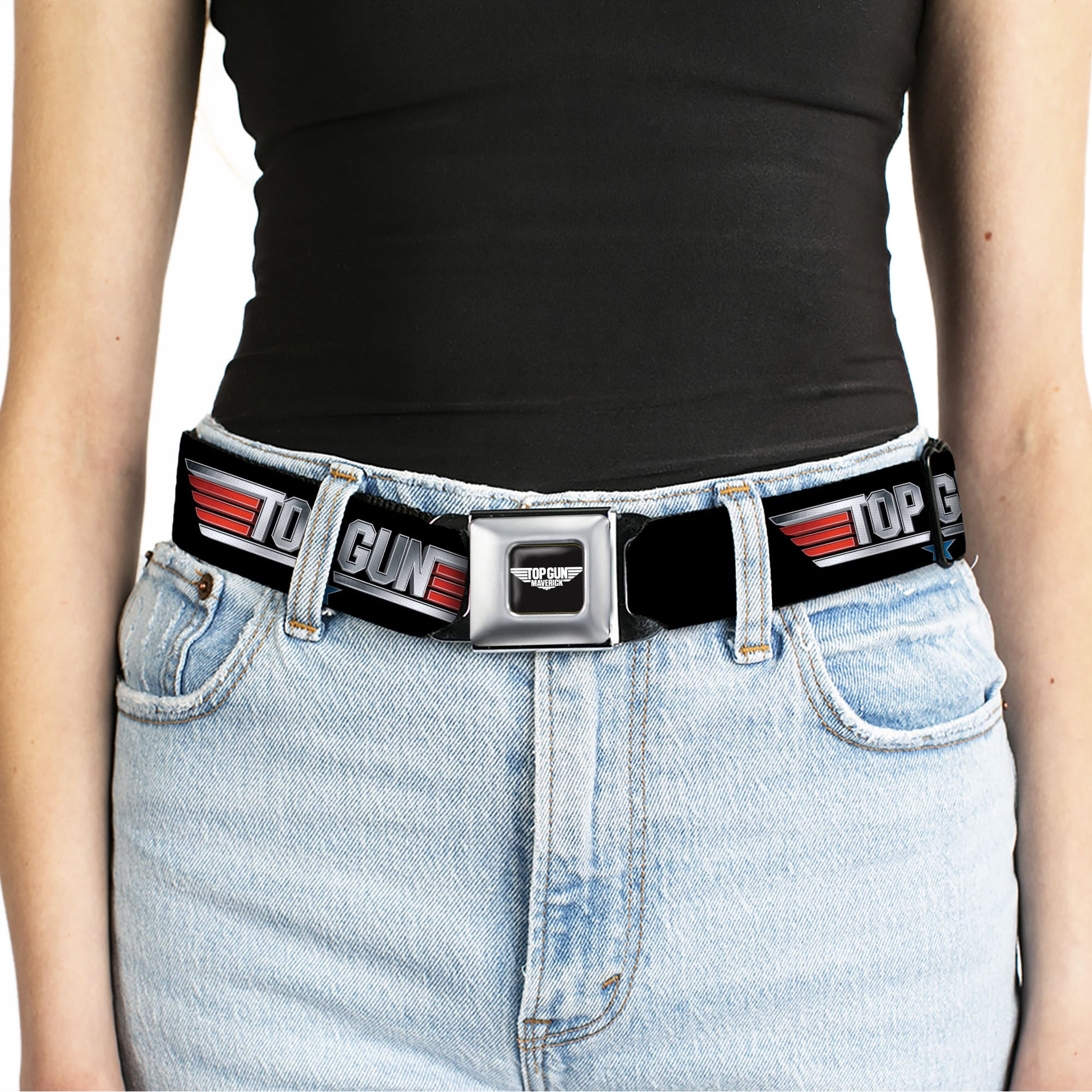 TOP GUN Title Logo Full Color Black/White Seatbelt Belt - TOP GUN Title Logo Black/Silver/Red/Blue Webbing Seatbelt Belts Top Gun