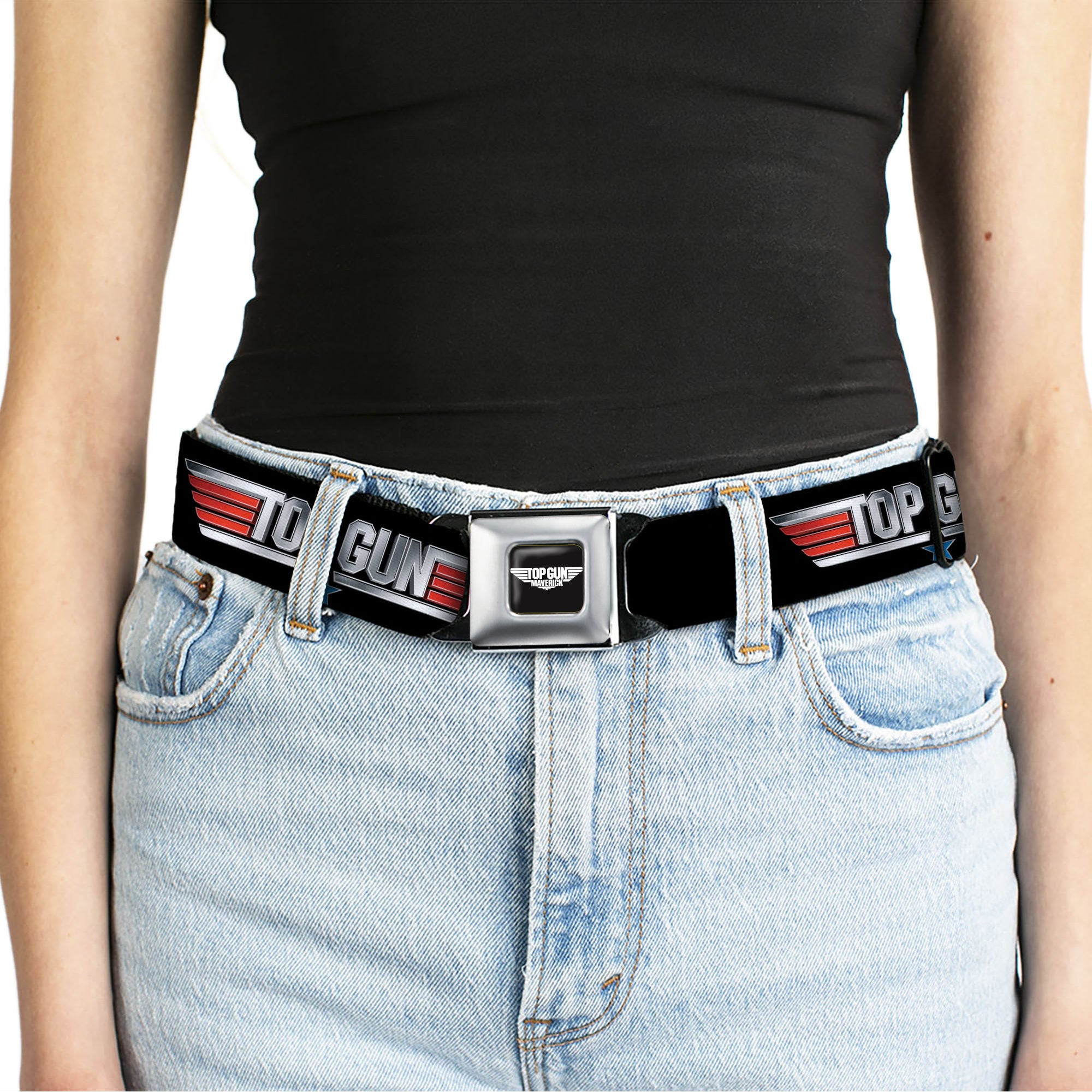 TOP GUN Title Logo Full Color Black/White Seatbelt Belt - TOP GUN Title Logo Black/Silver/Red/Blue Webbing Seatbelt Belts Top Gun