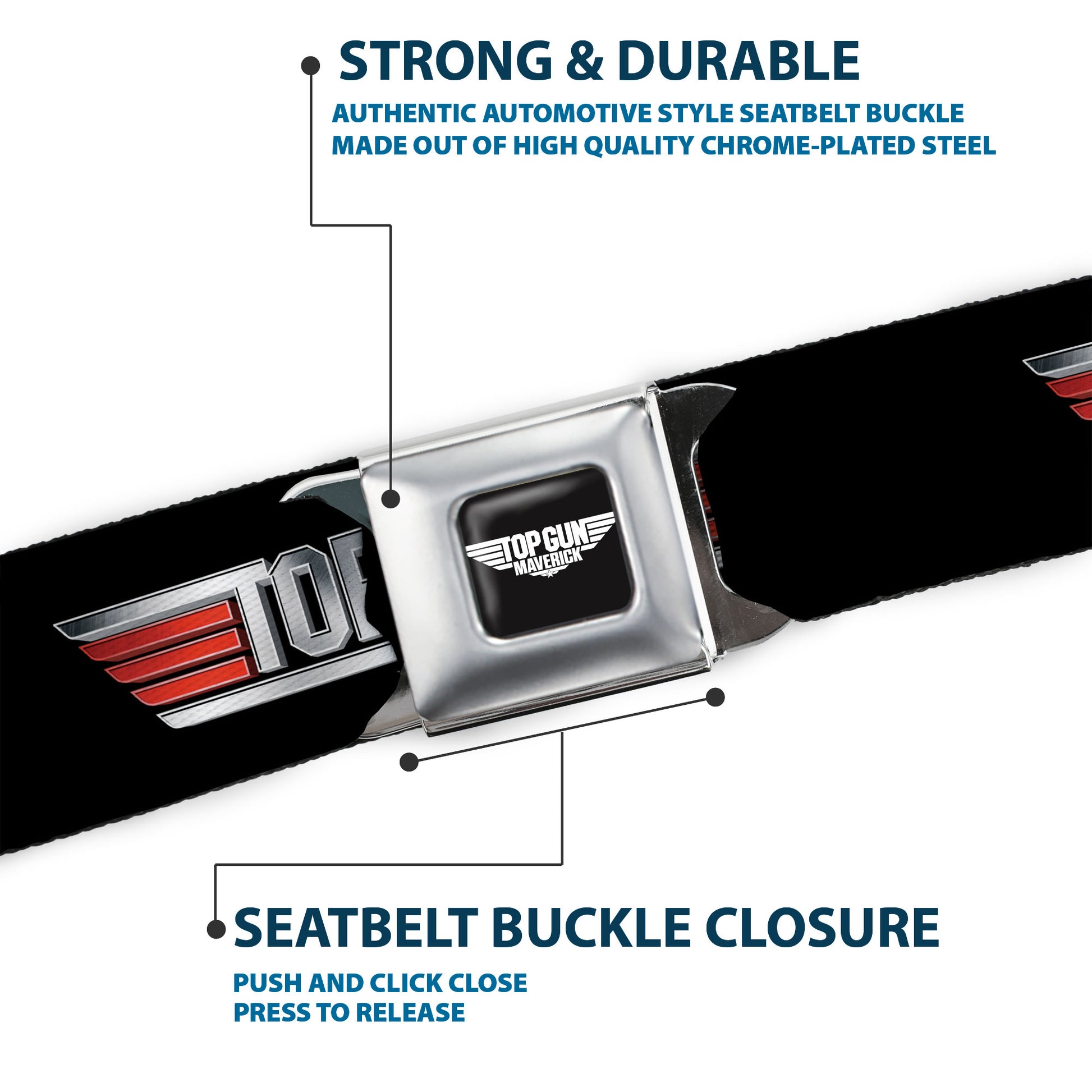 TOP GUN Title Logo Full Color Black/White Seatbelt Belt - TOP GUN Title Logo Black/Silver/Red/Blue Webbing Seatbelt Belts Top Gun