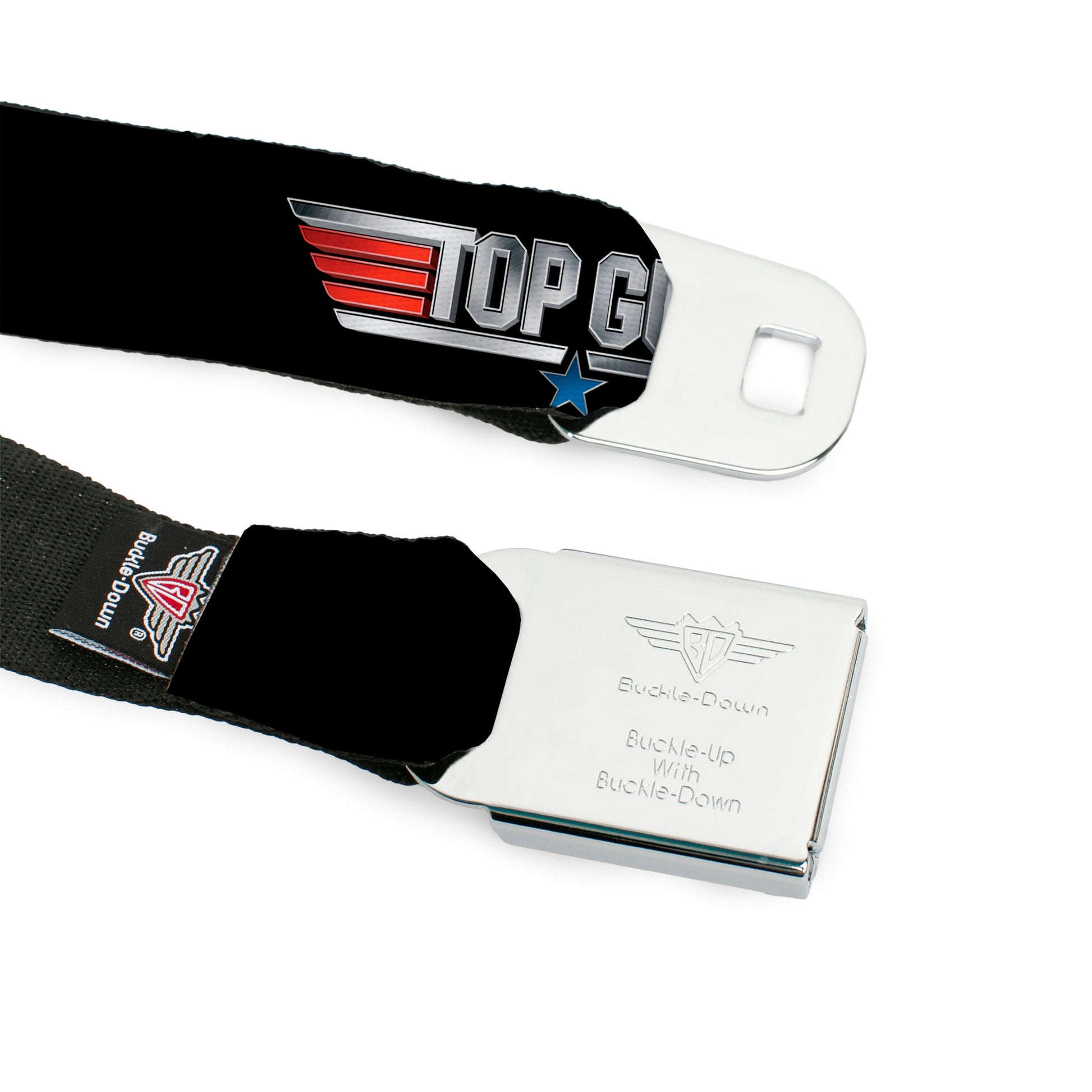 TOP GUN Title Logo Full Color Black/White Seatbelt Belt - TOP GUN Title Logo Black/Silver/Red/Blue Webbing Seatbelt Belts Top Gun