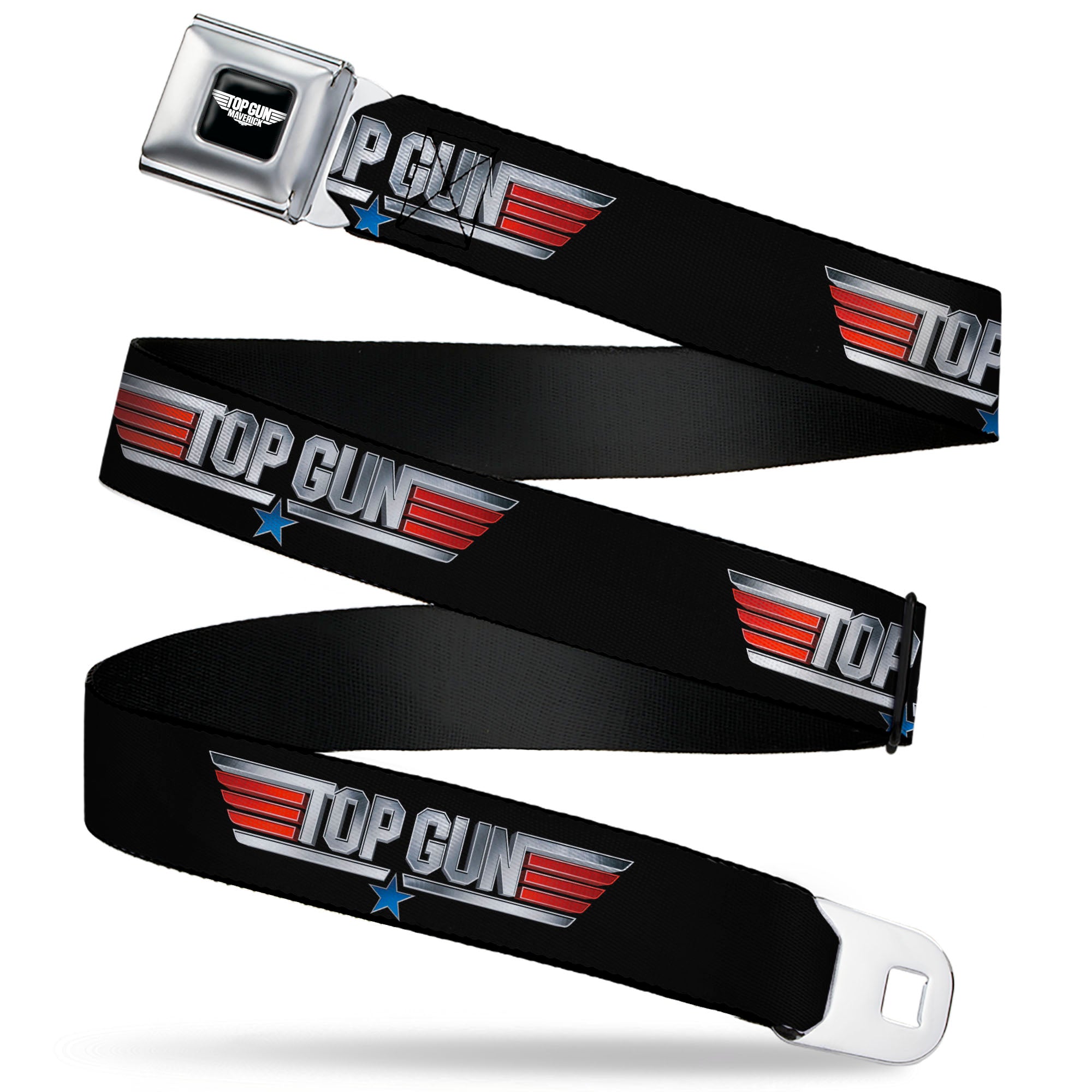 TOP GUN Title Logo Full Color Black/White Seatbelt Belt - TOP GUN Title Logo Black/Silver/Red/Blue Webbing Seatbelt Belts Top Gun