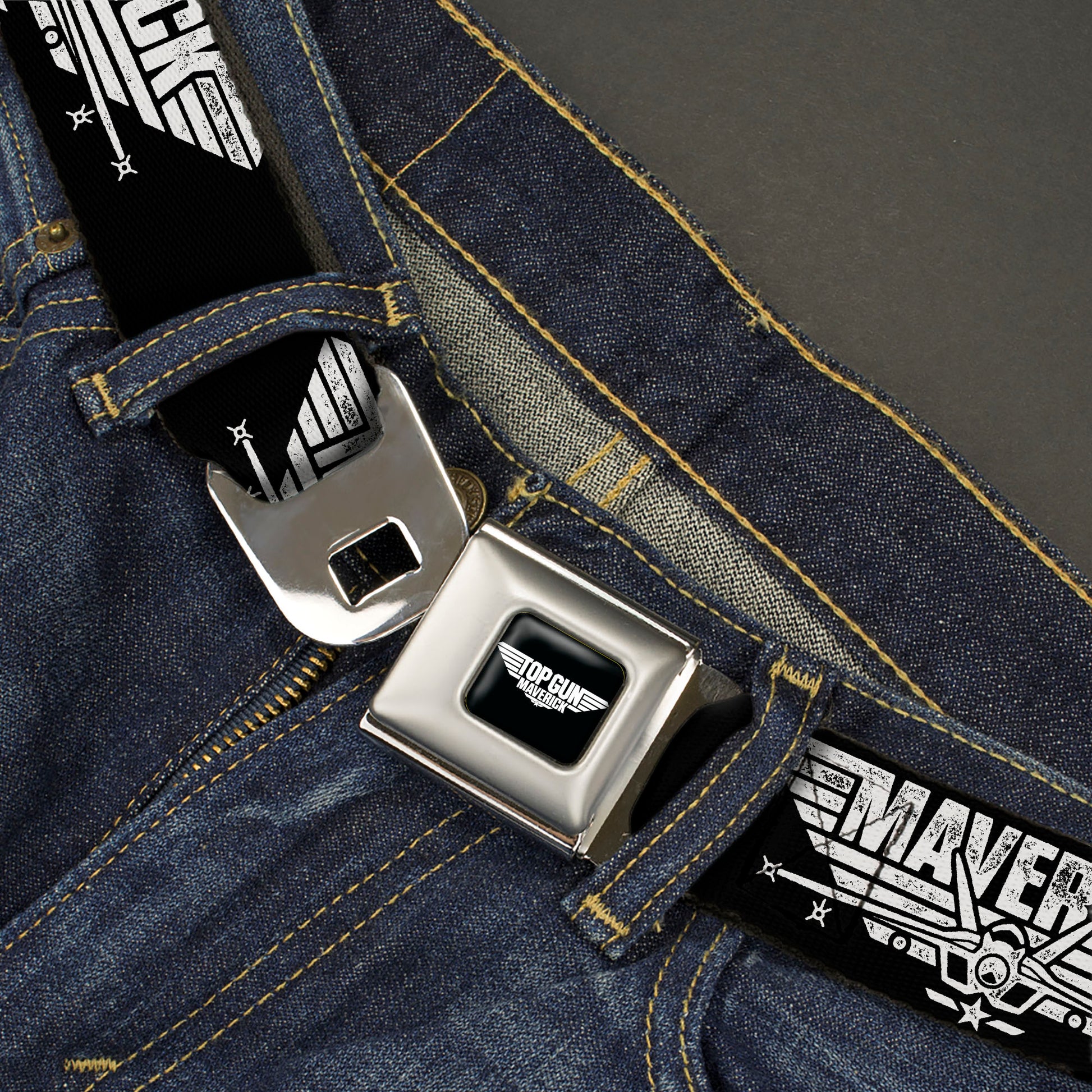 TOP GUN Title Logo Full Color Black/White Seatbelt Belt - TOP GUN MAVERICK Fighter Jet Logo Weathered Black/White Webbing Seatbelt Belts Top Gun