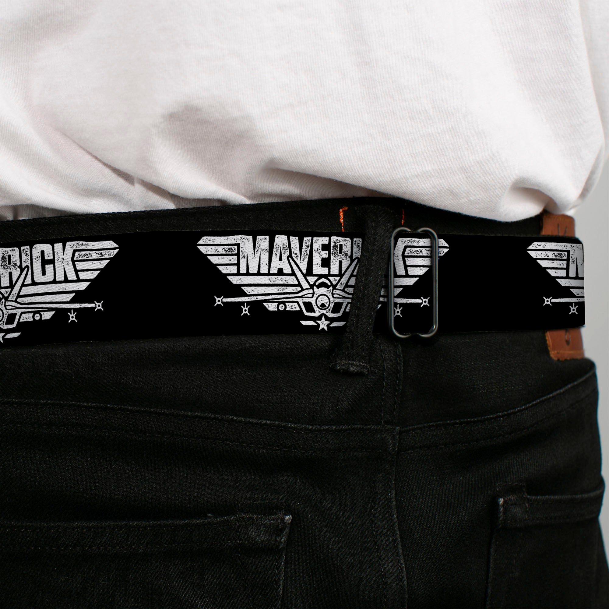 TOP GUN Title Logo Full Color Black/White Seatbelt Belt - TOP GUN MAVERICK Fighter Jet Logo Weathered Black/White Webbing Seatbelt Belts Top Gun