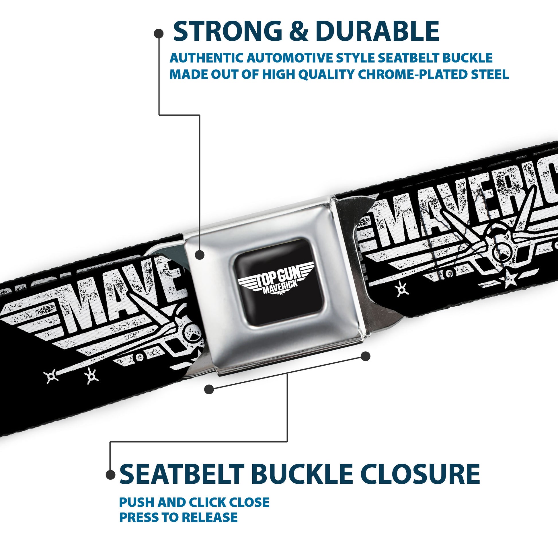 TOP GUN Title Logo Full Color Black/White Seatbelt Belt - TOP GUN MAVERICK Fighter Jet Logo Weathered Black/White Webbing Seatbelt Belts Top Gun