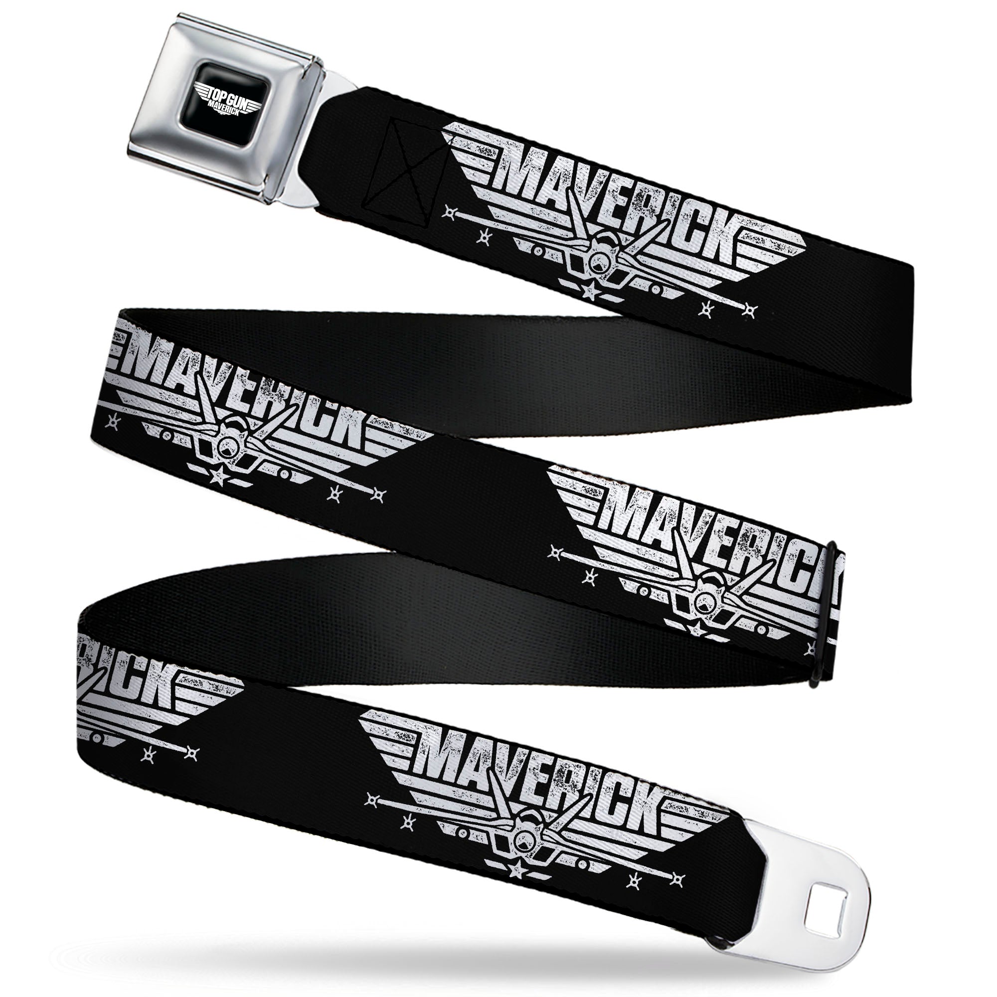 TOP GUN Title Logo Full Color Black/White Seatbelt Belt - TOP GUN MAVERICK Fighter Jet Logo Weathered Black/White Webbing Seatbelt Belts Top Gun