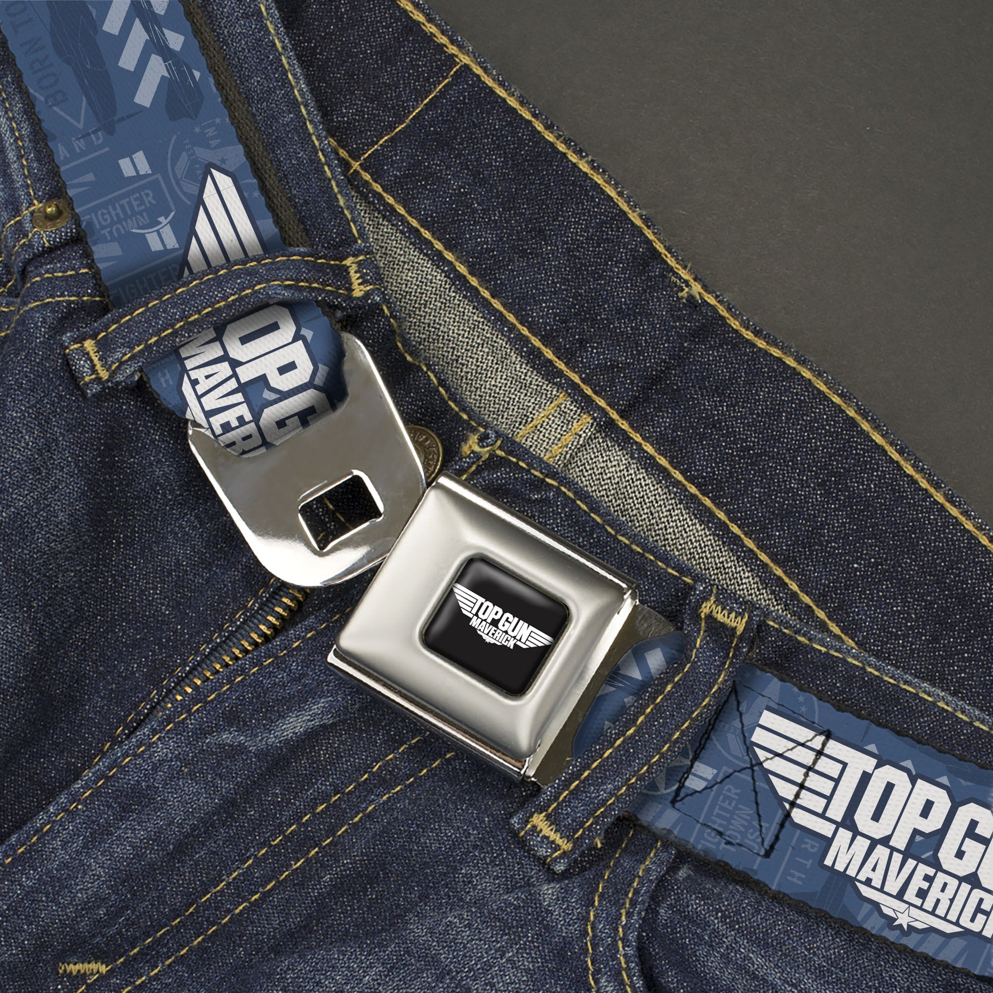 TOP GUN MAVERICK Title Logo Full Color Black/White Seatbelt Belt - TOP GUN MAVERICK Title Logo and Icons Blues/White Webbing Seatbelt Belts Top Gun
