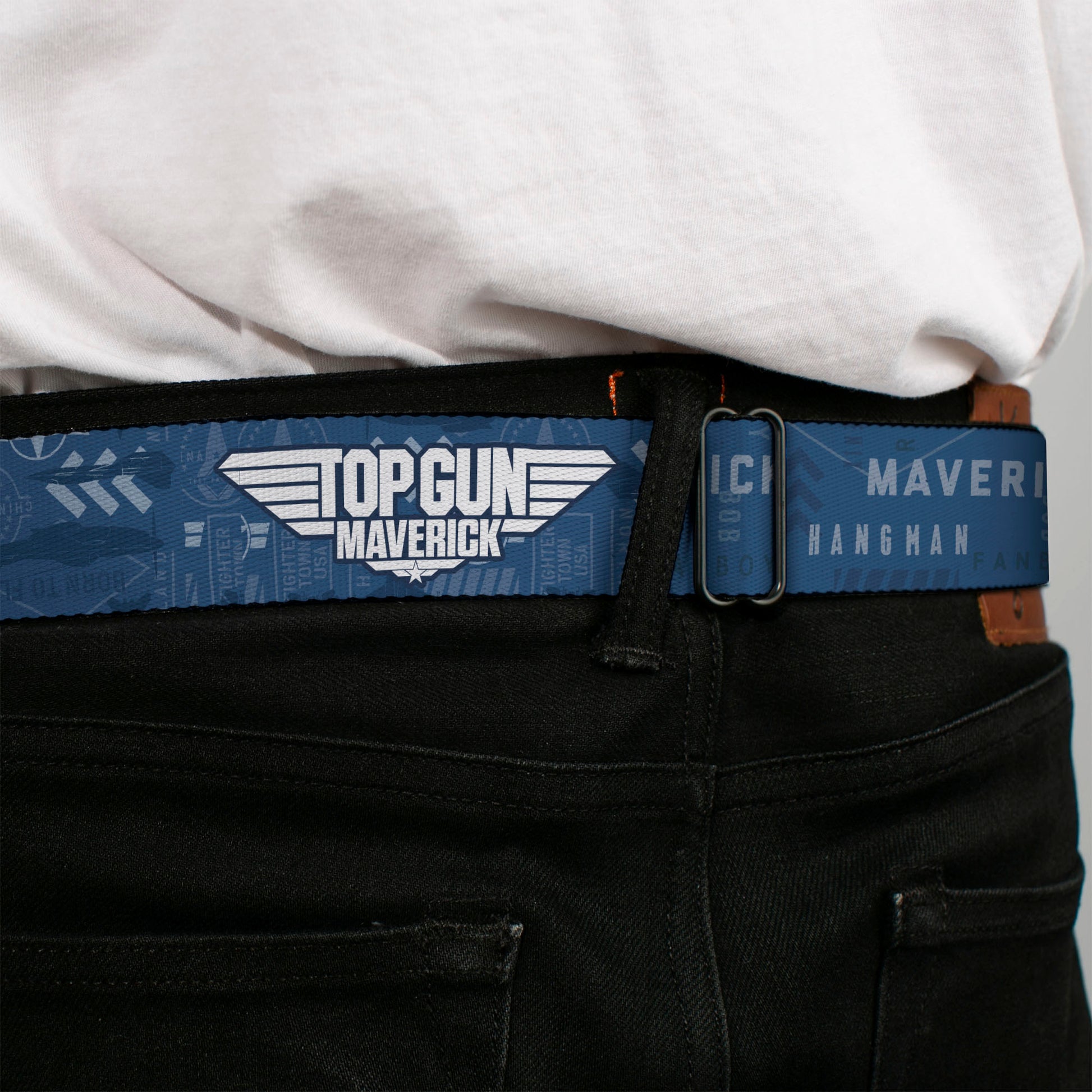 TOP GUN MAVERICK Title Logo Full Color Black/White Seatbelt Belt - TOP GUN MAVERICK Title Logo and Icons Blues/White Webbing Seatbelt Belts Top Gun