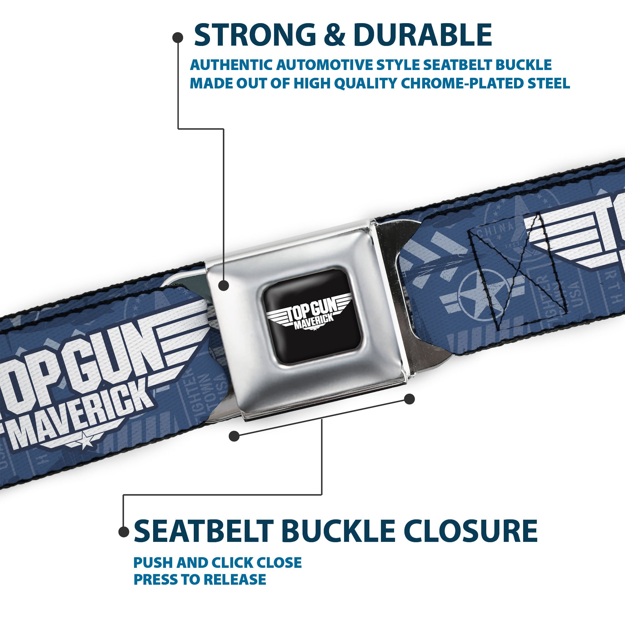 TOP GUN MAVERICK Title Logo Full Color Black/White Seatbelt Belt - TOP GUN MAVERICK Title Logo and Icons Blues/White Webbing Seatbelt Belts Top Gun