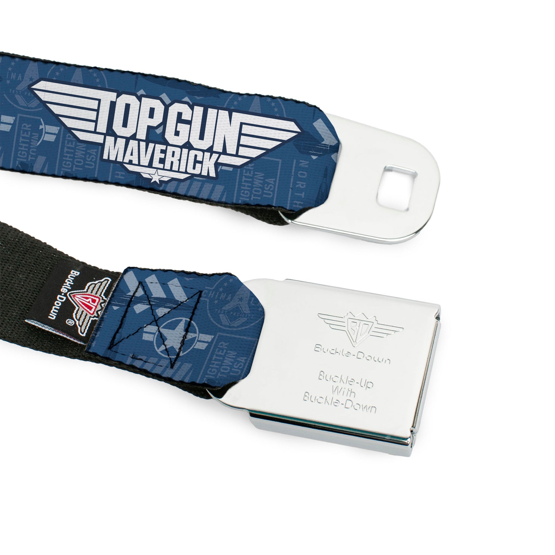 TOP GUN MAVERICK Title Logo Full Color Black/White Seatbelt Belt - TOP GUN MAVERICK Title Logo and Icons Blues/White Webbing Seatbelt Belts Top Gun