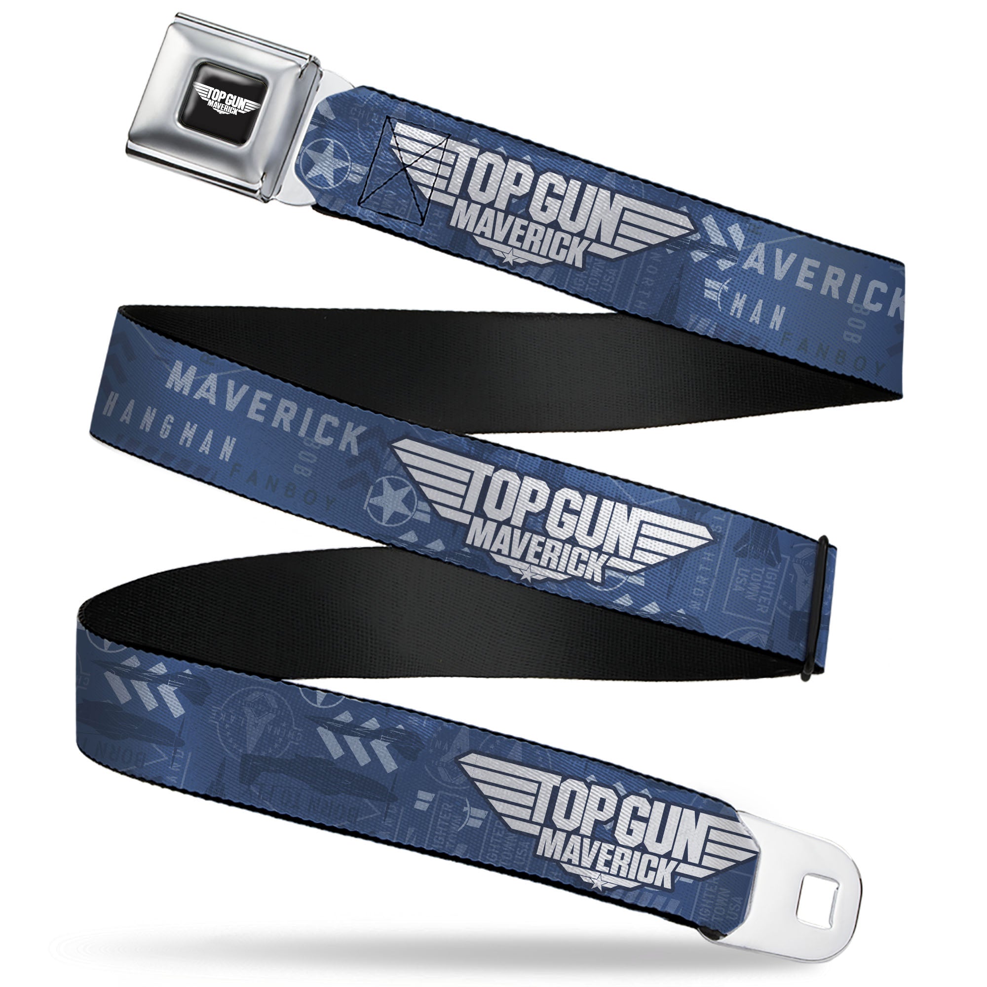 TOP GUN MAVERICK Title Logo Full Color Black/White Seatbelt Belt - TOP GUN MAVERICK Title Logo and Icons Blues/White Webbing Seatbelt Belts Top Gun