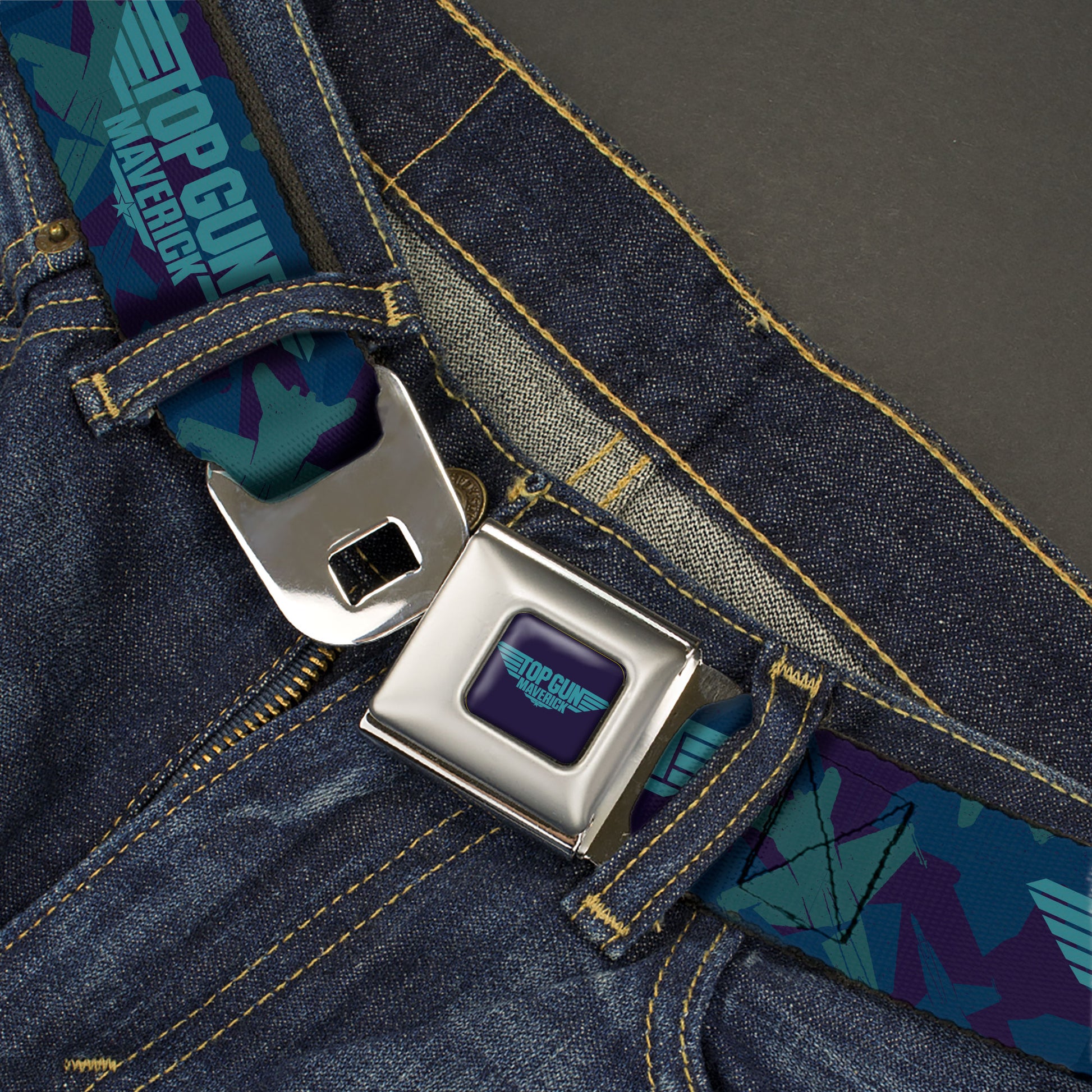 TOP GUN MAVERICK Title Logo Full Color Blues Seatbelt Belt - TOP GUN MAVERICK Title Logo Aircraft Silhouettes Collage Blues Webbing Seatbelt Belts Top Gun