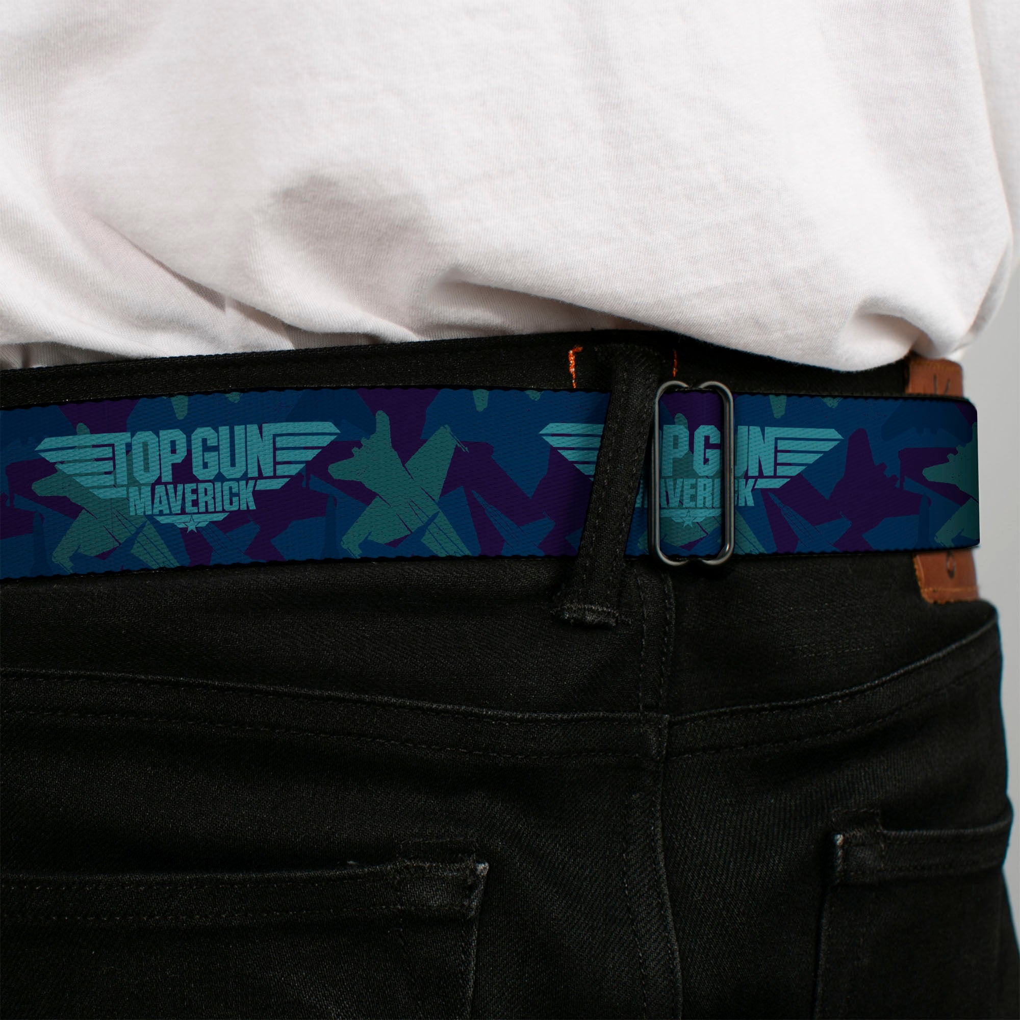 TOP GUN MAVERICK Title Logo Full Color Blues Seatbelt Belt - TOP GUN MAVERICK Title Logo Aircraft Silhouettes Collage Blues Webbing Seatbelt Belts Top Gun