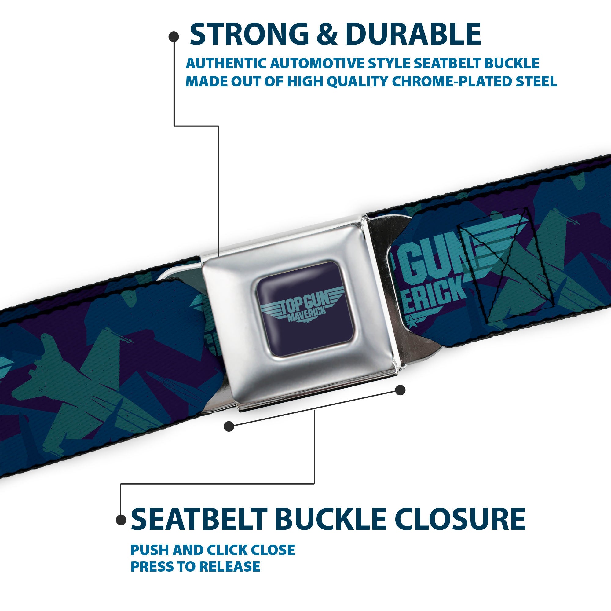 TOP GUN MAVERICK Title Logo Full Color Blues Seatbelt Belt - TOP GUN MAVERICK Title Logo Aircraft Silhouettes Collage Blues Webbing Seatbelt Belts Top Gun