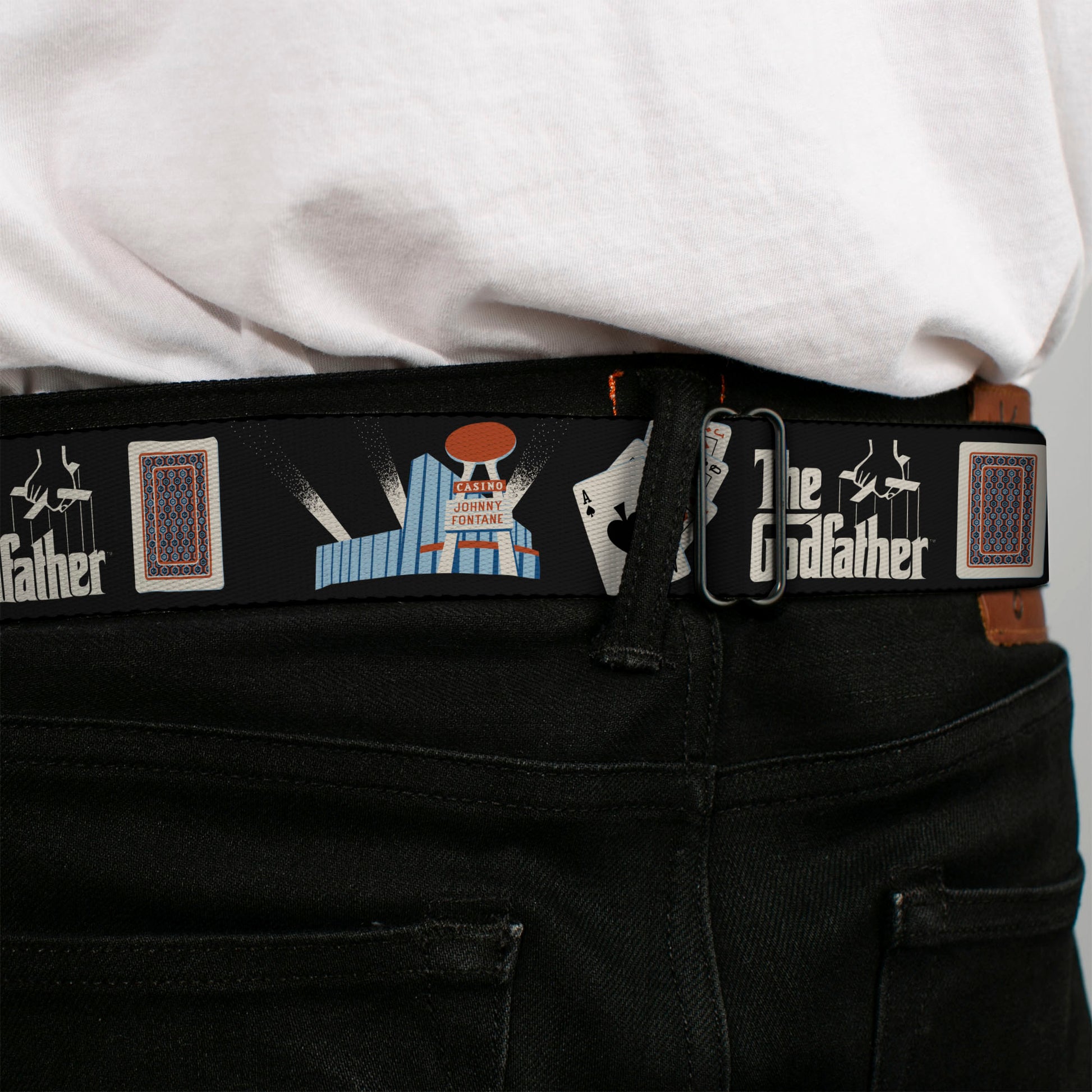THE GODFATHER Title Logo Full Color Black/White Seatbelt Belt - THE GODFATHER Title Logo and Casino Icons Black Webbing Seatbelt Belts The Godfather