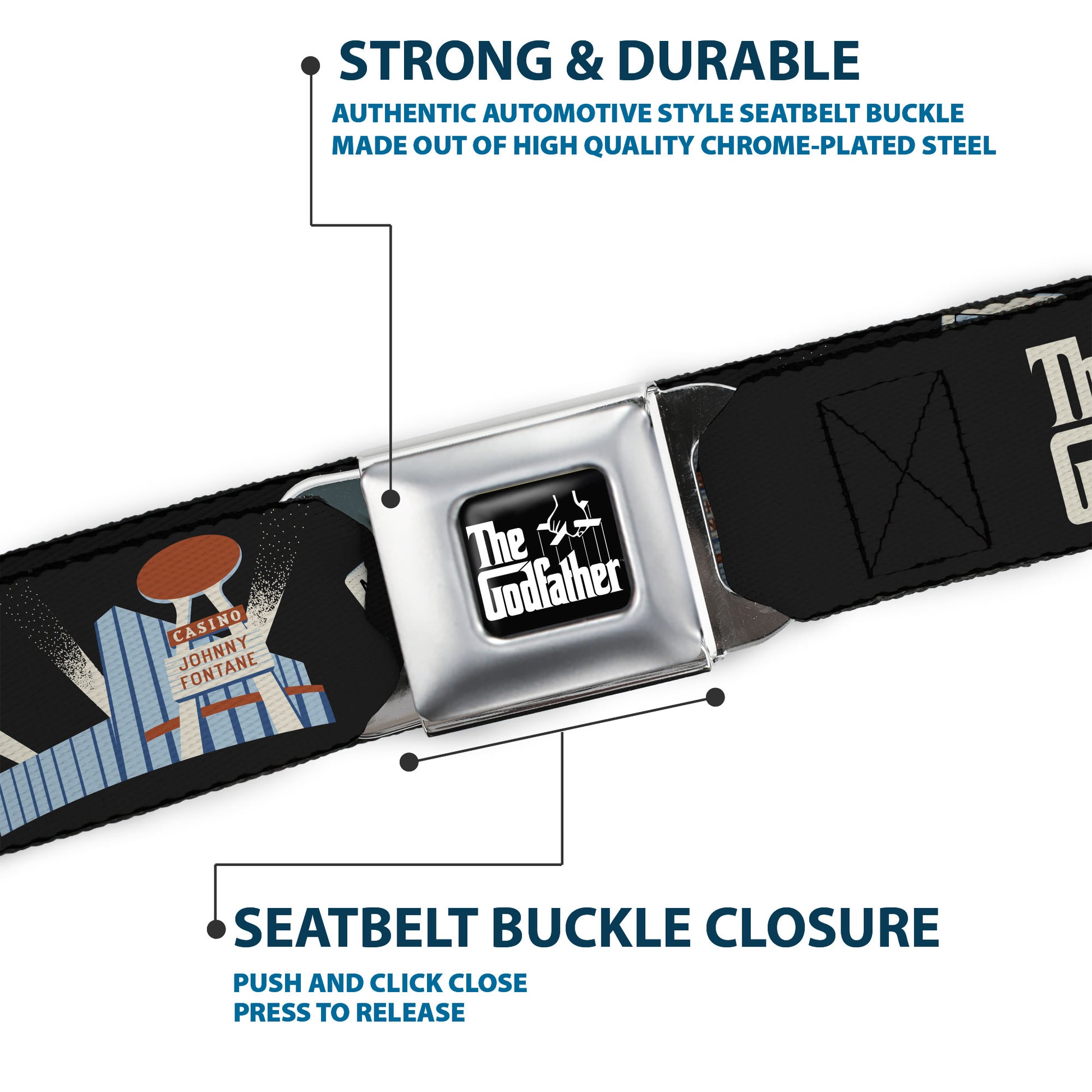 THE GODFATHER Title Logo Full Color Black/White Seatbelt Belt - THE GODFATHER Title Logo and Casino Icons Black Webbing Seatbelt Belts The Godfather