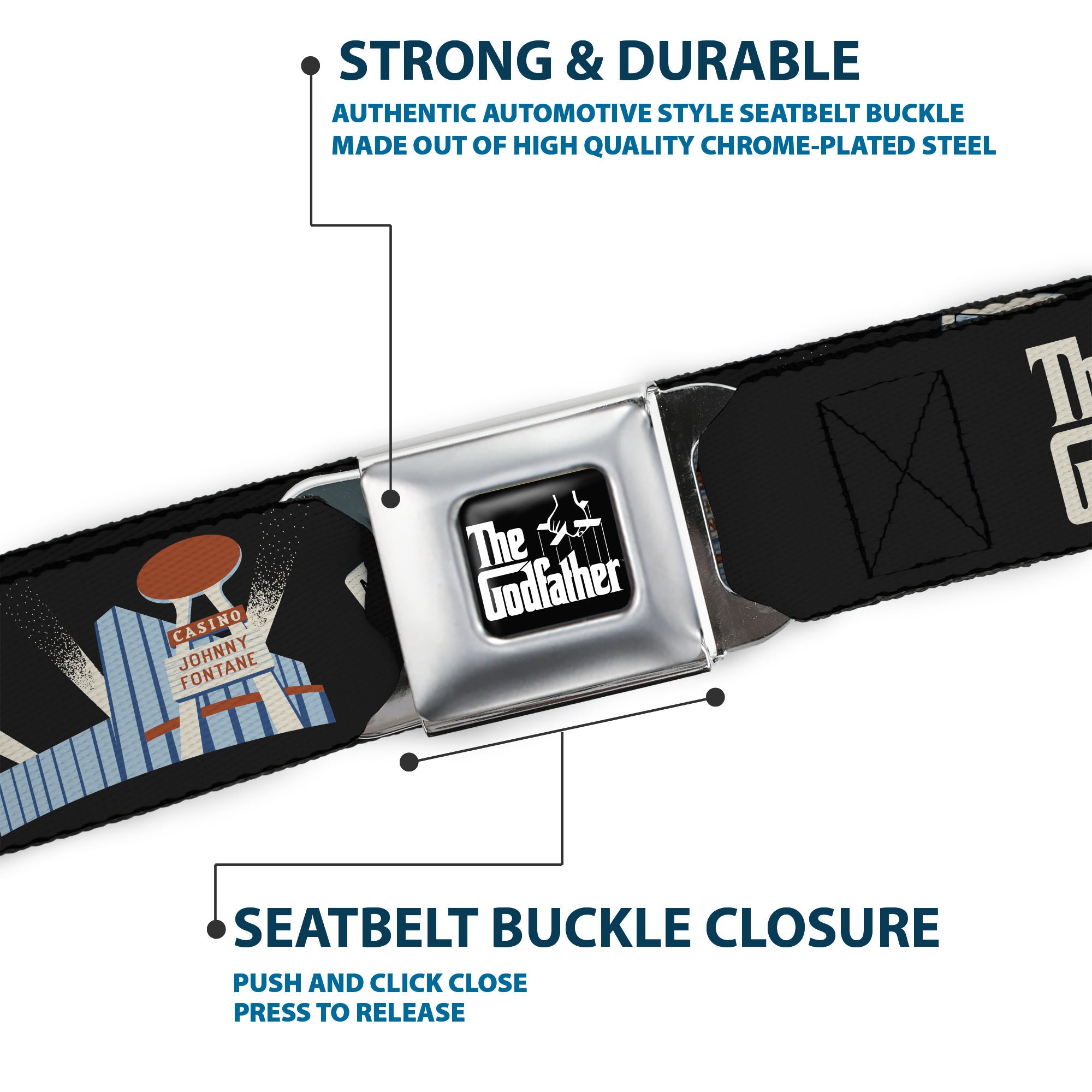 THE GODFATHER Title Logo Full Color Black/White Seatbelt Belt - THE GODFATHER Title Logo and Casino Icons Black Webbing Seatbelt Belts The Godfather