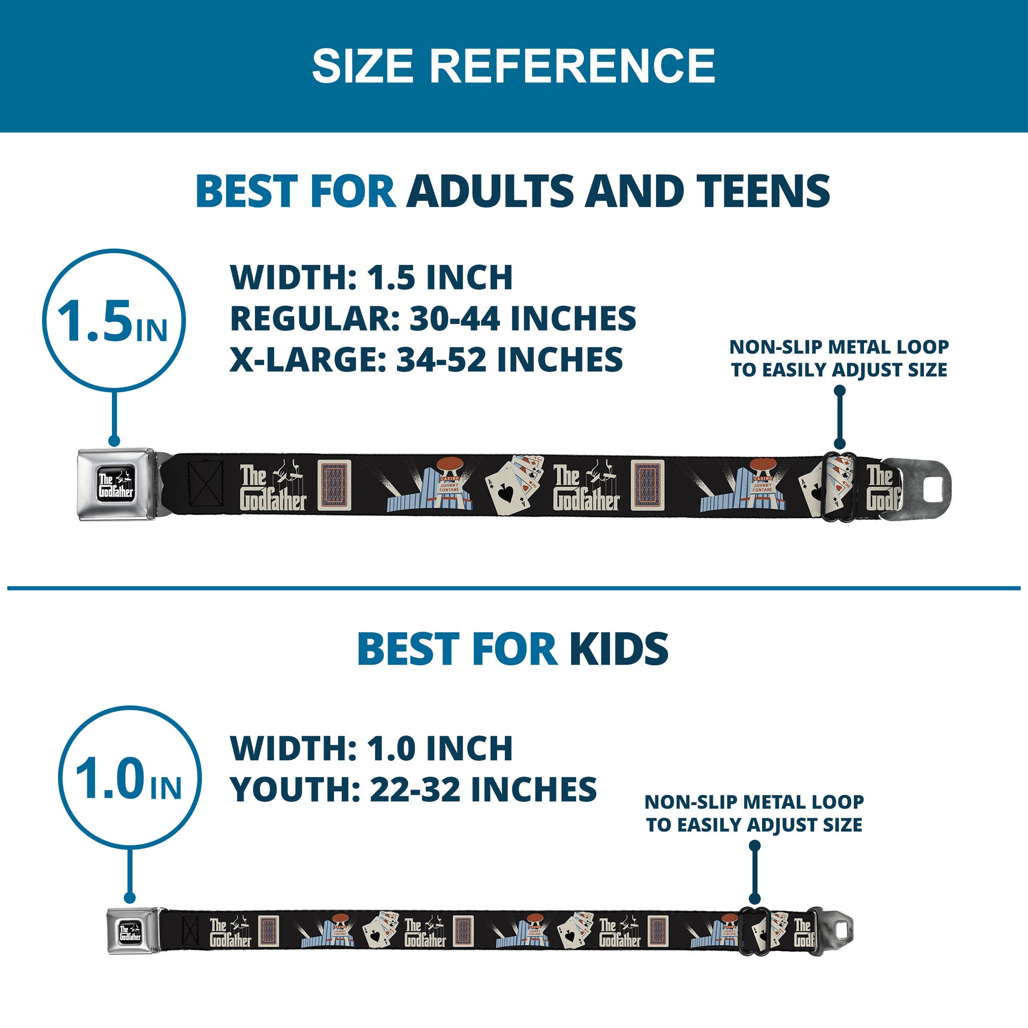 THE GODFATHER Title Logo Full Color Black/White Seatbelt Belt - THE GODFATHER Title Logo and Casino Icons Black Webbing Seatbelt Belts The Godfather