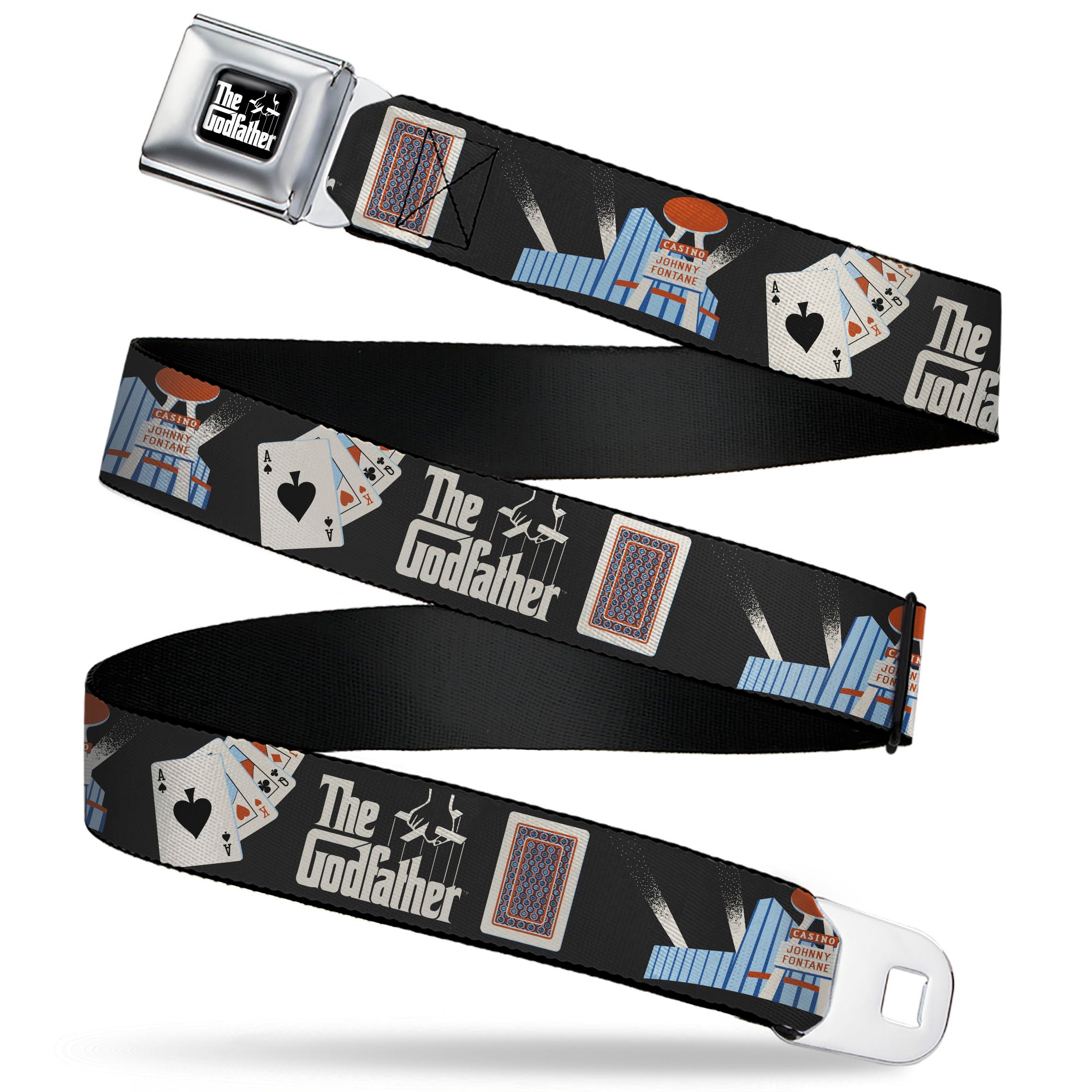 THE GODFATHER Title Logo Full Color Black/White Seatbelt Belt - THE GODFATHER Title Logo and Casino Icons Black Webbing Seatbelt Belts The Godfather