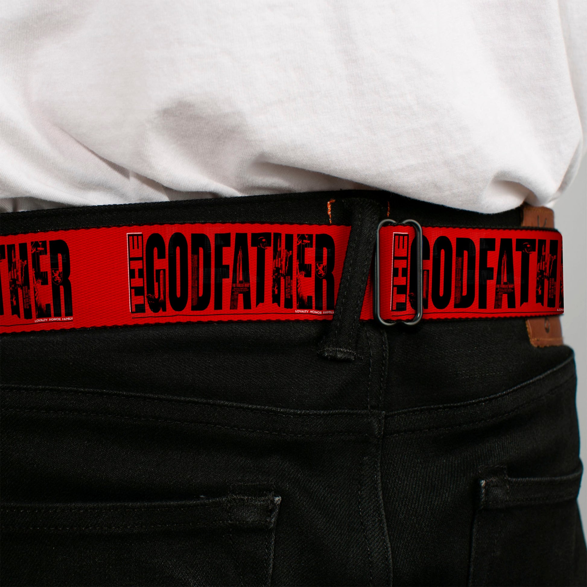 THE GODFATHER Title Logo Full Color Black/White Seatbelt Belt - THE GODFATHER Weathered Text Logo Red/Black Webbing Seatbelt Belts The Godfather