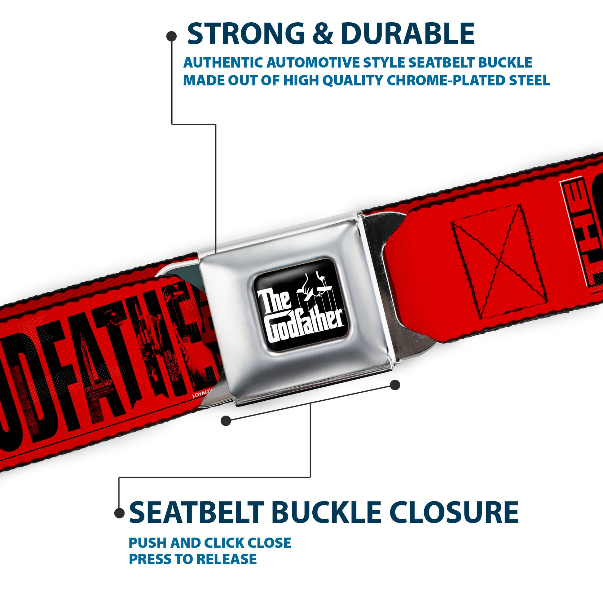 THE GODFATHER Title Logo Full Color Black/White Seatbelt Belt - THE GODFATHER Weathered Text Logo Red/Black Webbing Seatbelt Belts The Godfather