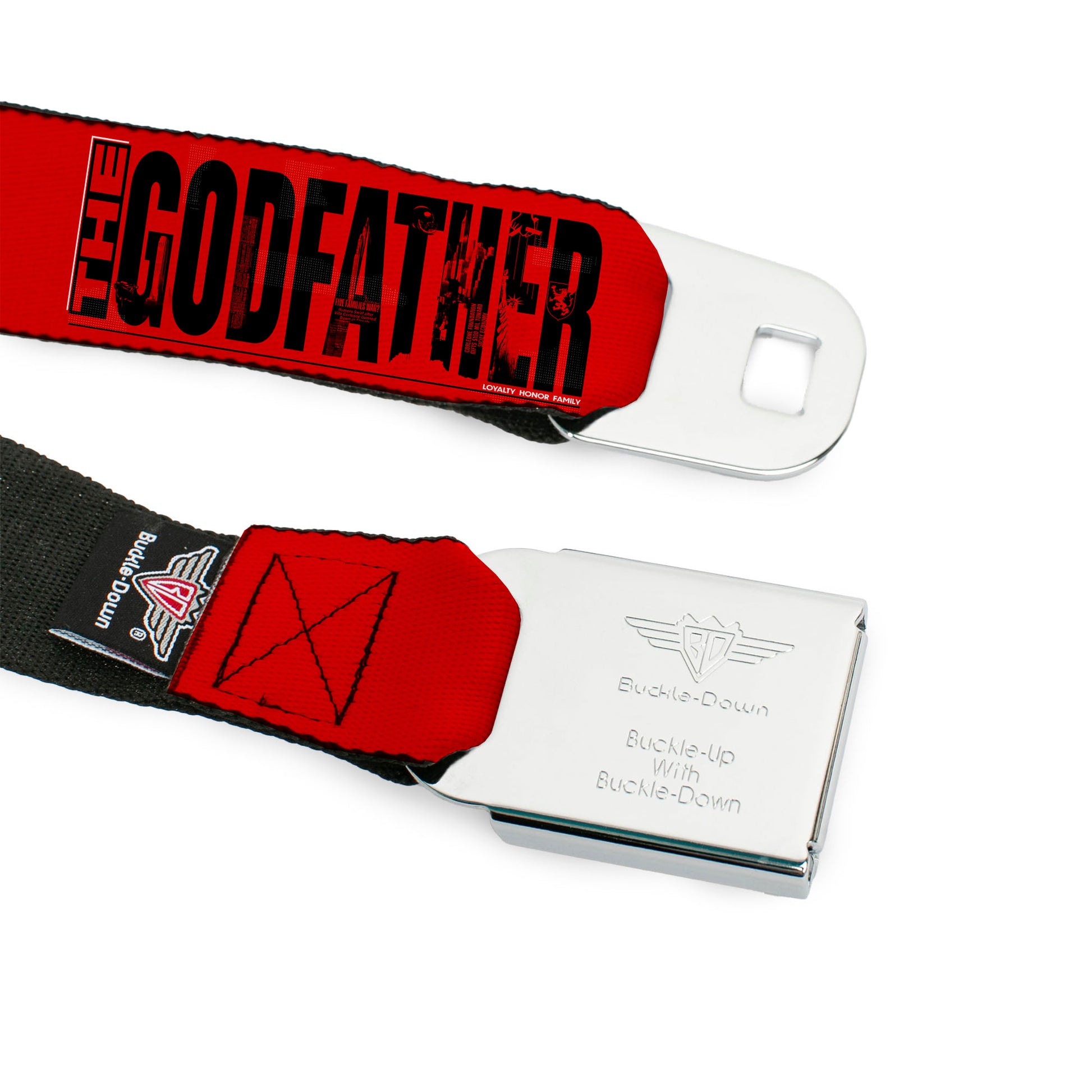 THE GODFATHER Title Logo Full Color Black/White Seatbelt Belt - THE GODFATHER Weathered Text Logo Red/Black Webbing Seatbelt Belts The Godfather