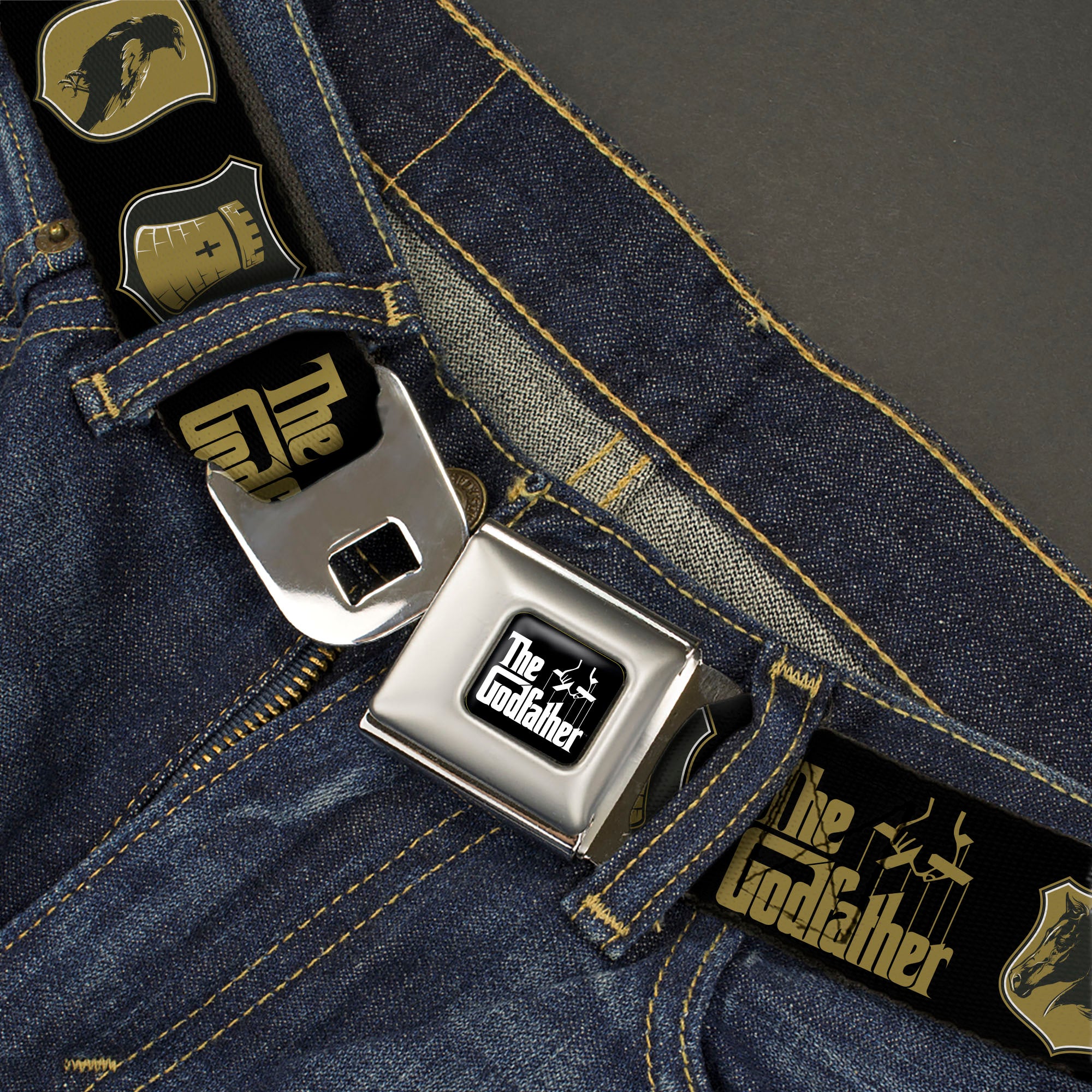 THE GODFATHER Title Logo Full Color Black/White Seatbelt Belt - THE GODFATHER Title Logo and Crest Icons Black/Gold Webbing Seatbelt Belts The Godfather