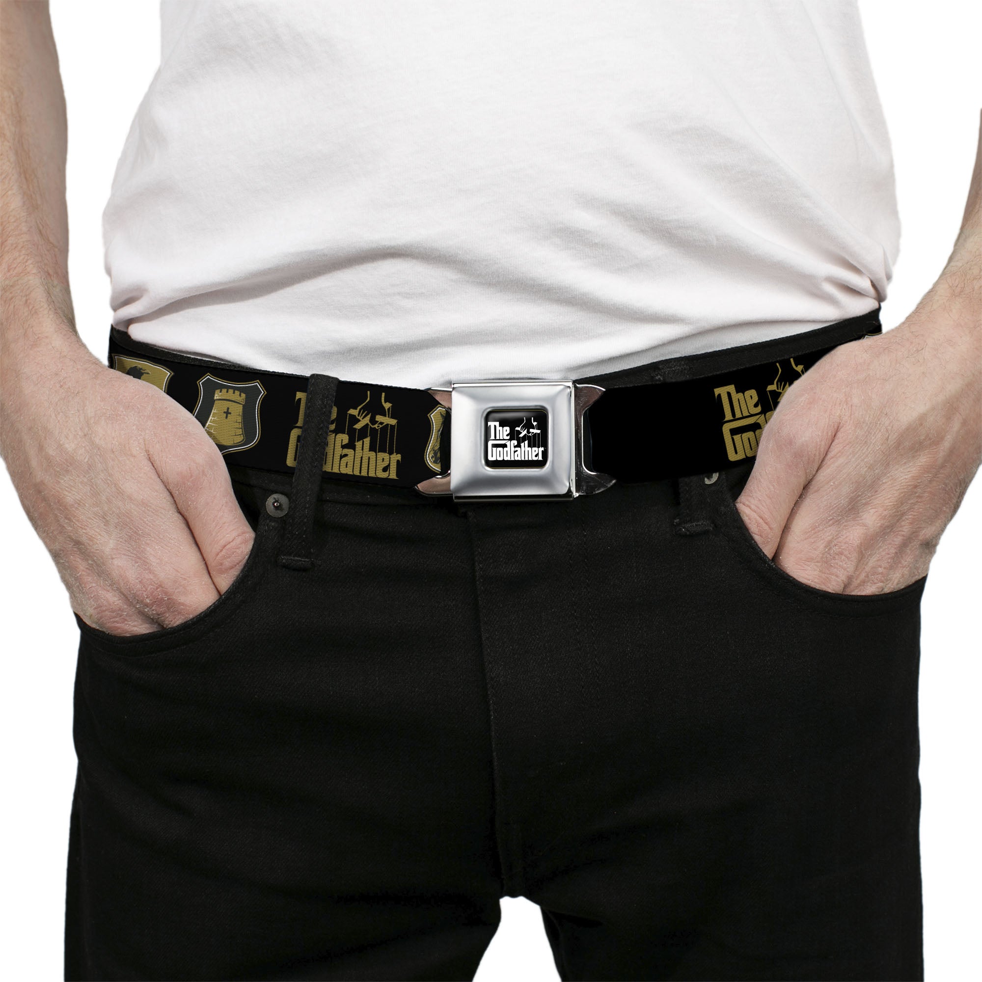 THE GODFATHER Title Logo Full Color Black/White Seatbelt Belt - THE GODFATHER Title Logo and Crest Icons Black/Gold Webbing Seatbelt Belts The Godfather
