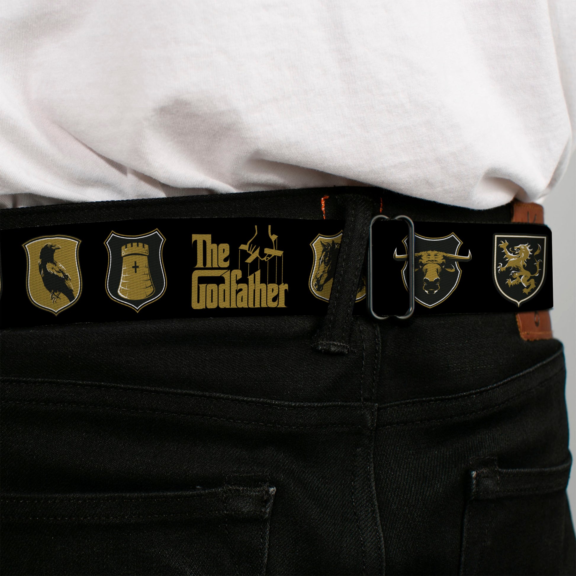 THE GODFATHER Title Logo Full Color Black/White Seatbelt Belt - THE GODFATHER Title Logo and Crest Icons Black/Gold Webbing Seatbelt Belts The Godfather