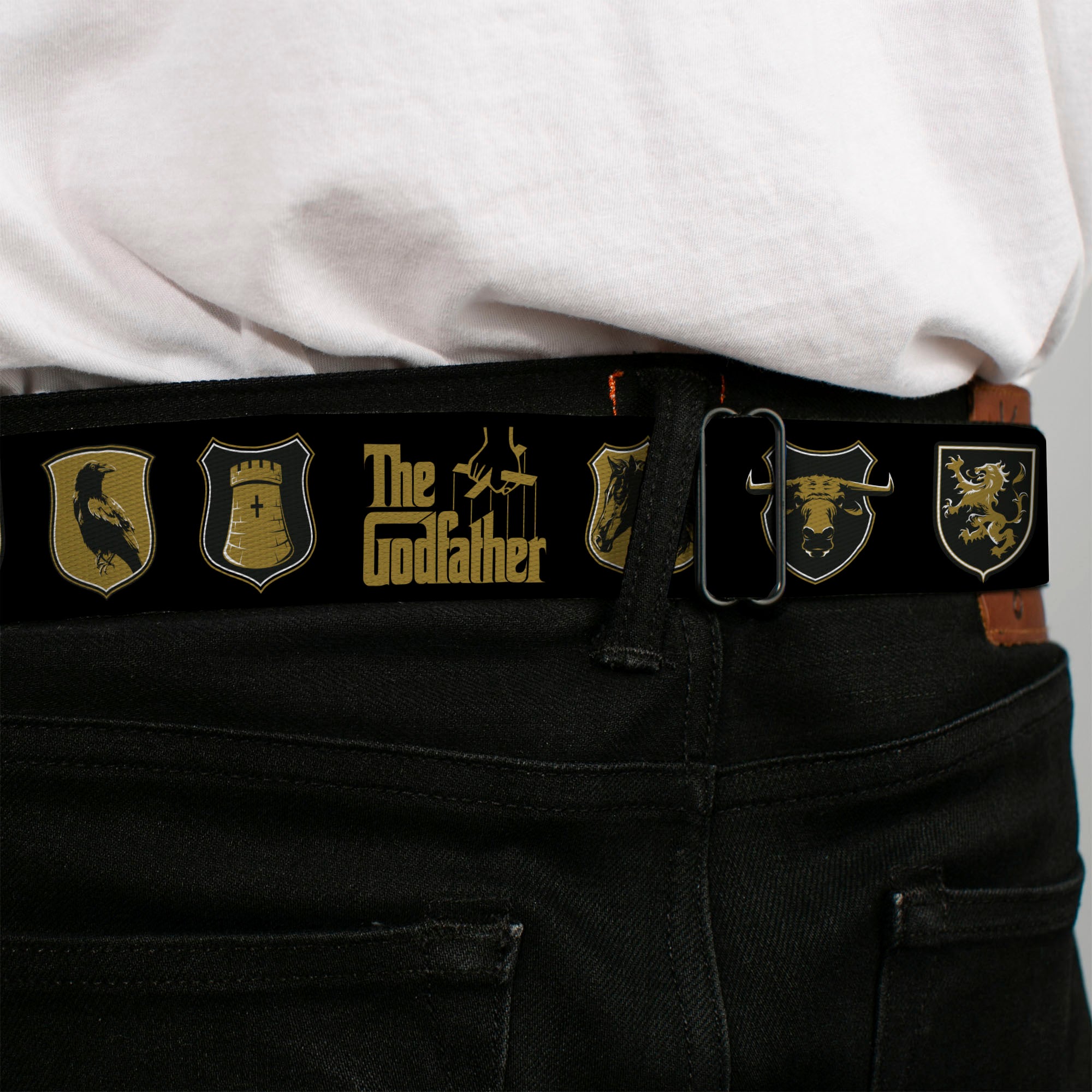 THE GODFATHER Title Logo Full Color Black/White Seatbelt Belt - THE GODFATHER Title Logo and Crest Icons Black/Gold Webbing Seatbelt Belts The Godfather
