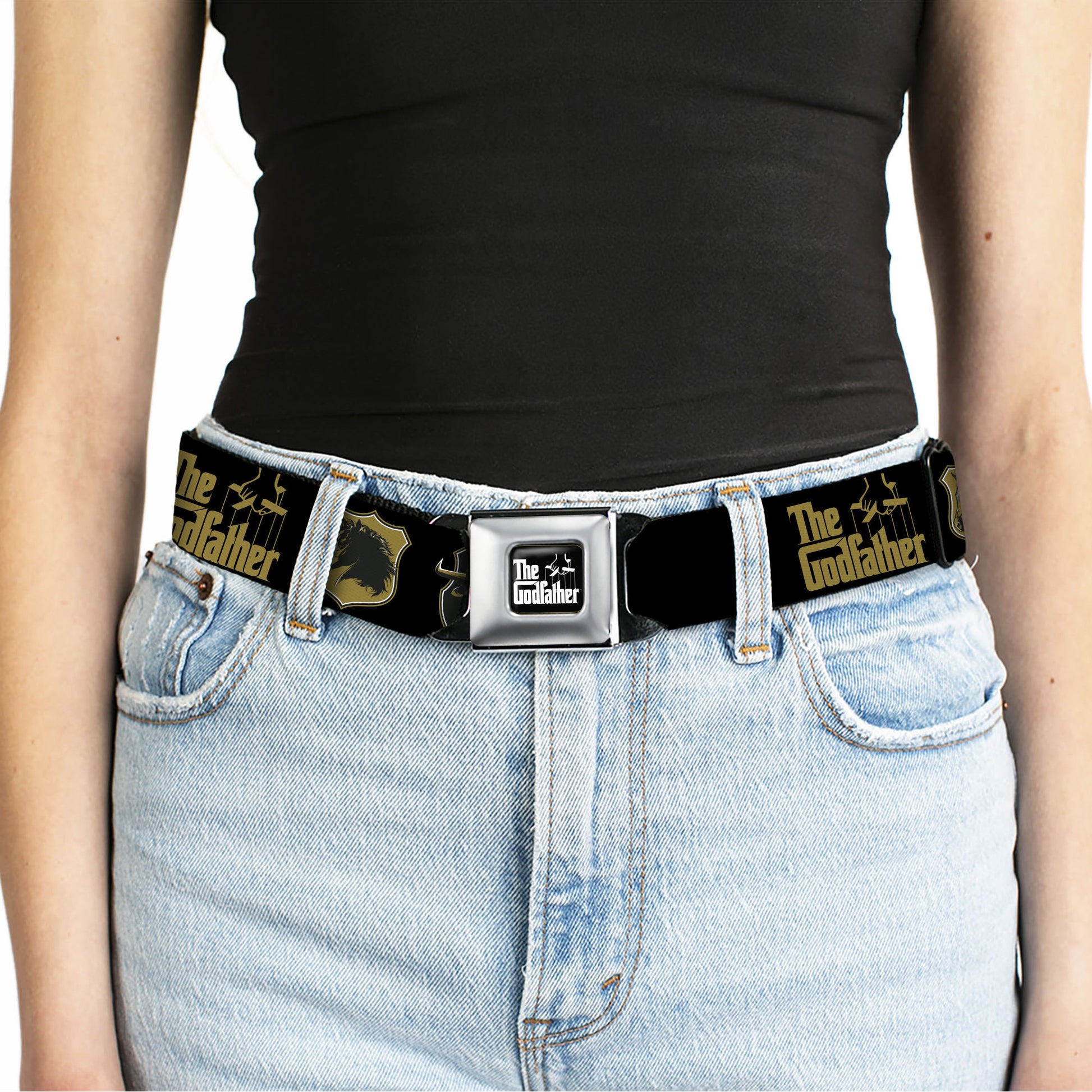 THE GODFATHER Title Logo Full Color Black/White Seatbelt Belt - THE GODFATHER Title Logo and Crest Icons Black/Gold Webbing Seatbelt Belts The Godfather