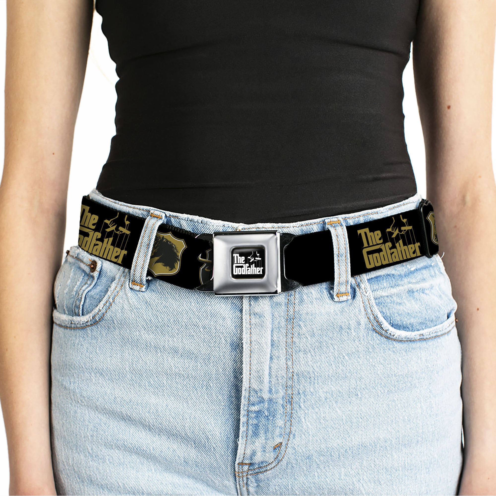 THE GODFATHER Title Logo Full Color Black/White Seatbelt Belt - THE GODFATHER Title Logo and Crest Icons Black/Gold Webbing Seatbelt Belts The Godfather