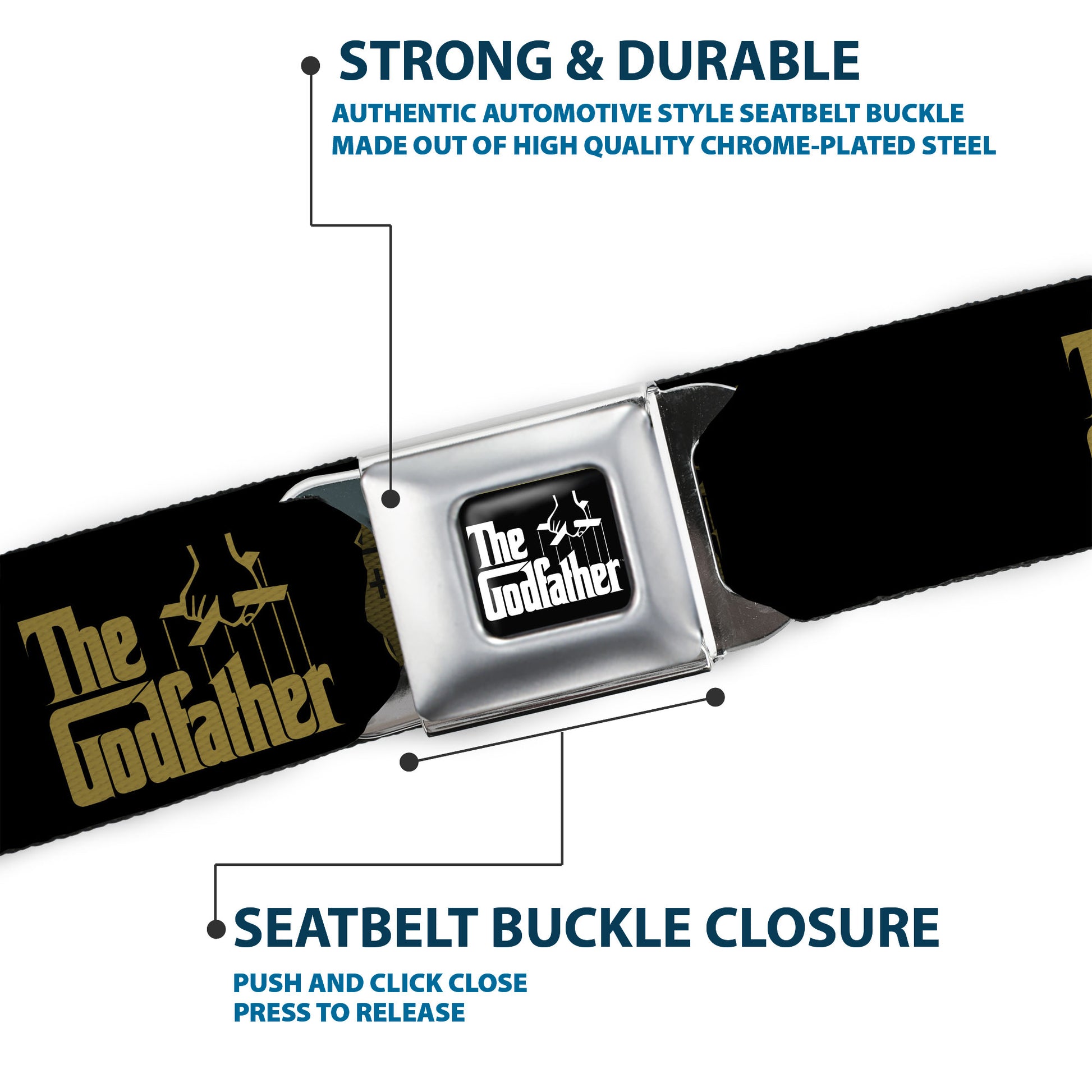 THE GODFATHER Title Logo Full Color Black/White Seatbelt Belt - THE GODFATHER Title Logo and Crest Icons Black/Gold Webbing Seatbelt Belts The Godfather