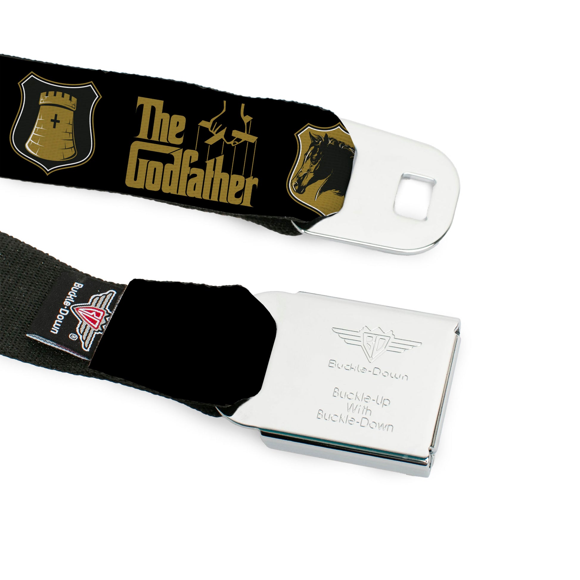 THE GODFATHER Title Logo Full Color Black/White Seatbelt Belt - THE GODFATHER Title Logo and Crest Icons Black/Gold Webbing Seatbelt Belts The Godfather