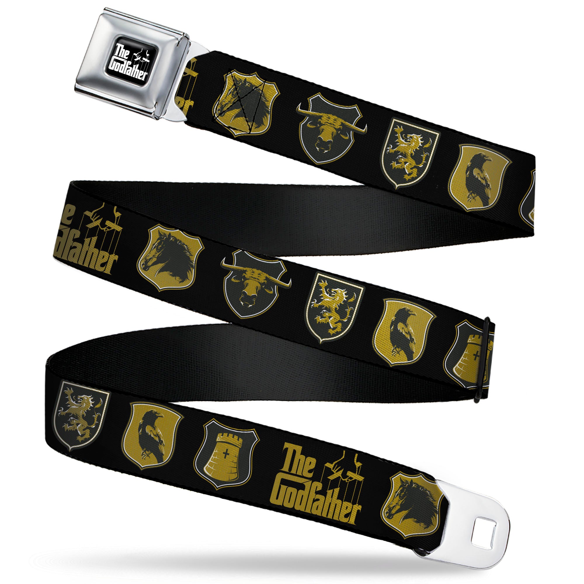 THE GODFATHER Title Logo Full Color Black/White Seatbelt Belt - THE GODFATHER Title Logo and Crest Icons Black/Gold Webbing Seatbelt Belts The Godfather
