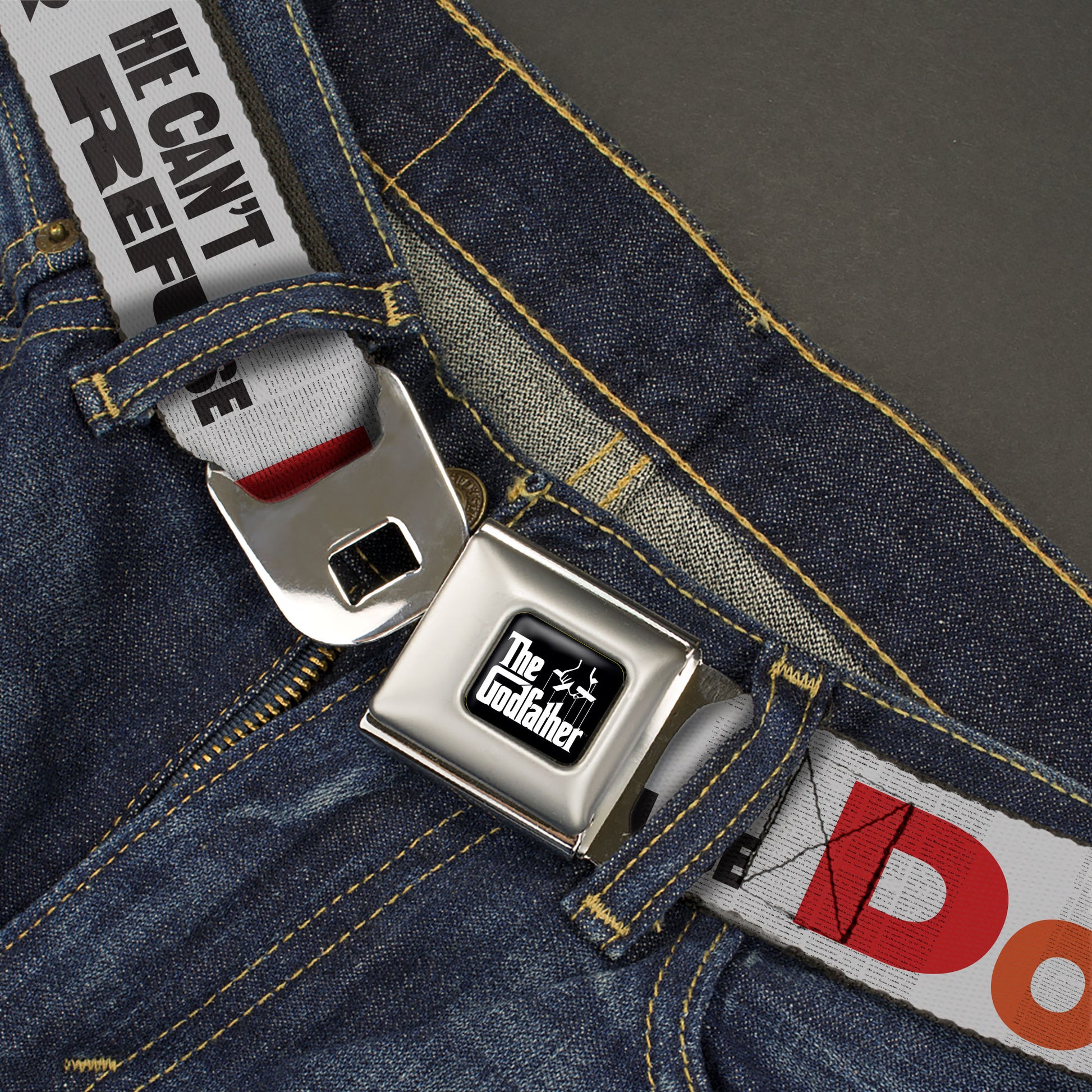 THE GODFATHER Title Logo Full Color Black/White Seatbelt Belt - The Godfather Quote I'LL MAKE HIM AN OFFER HE CAN'T REFUSE Grays/Red Webbing Seatbelt Belts The Godfather