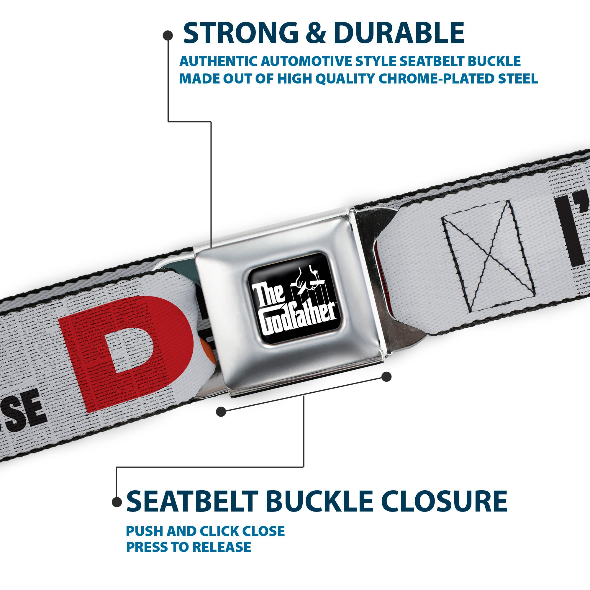 THE GODFATHER Title Logo Full Color Black/White Seatbelt Belt - The Godfather Quote I'LL MAKE HIM AN OFFER HE CAN'T REFUSE Grays/Red Webbing Seatbelt Belts The Godfather