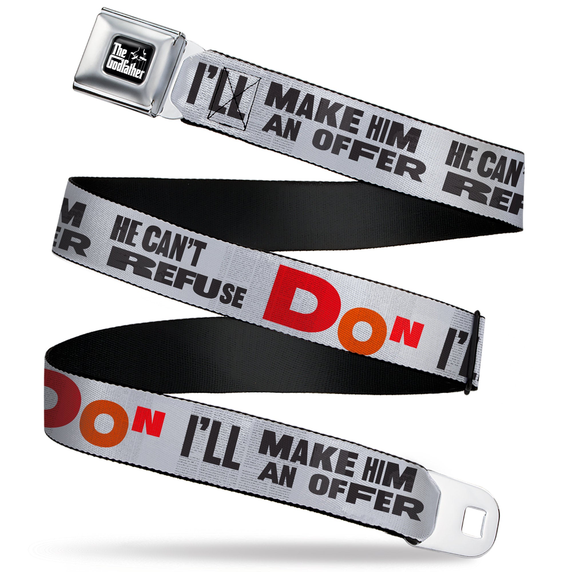 THE GODFATHER Title Logo Full Color Black/White Seatbelt Belt - The Godfather Quote I'LL MAKE HIM AN OFFER HE CAN'T REFUSE Grays/Red Webbing Seatbelt Belts The Godfather