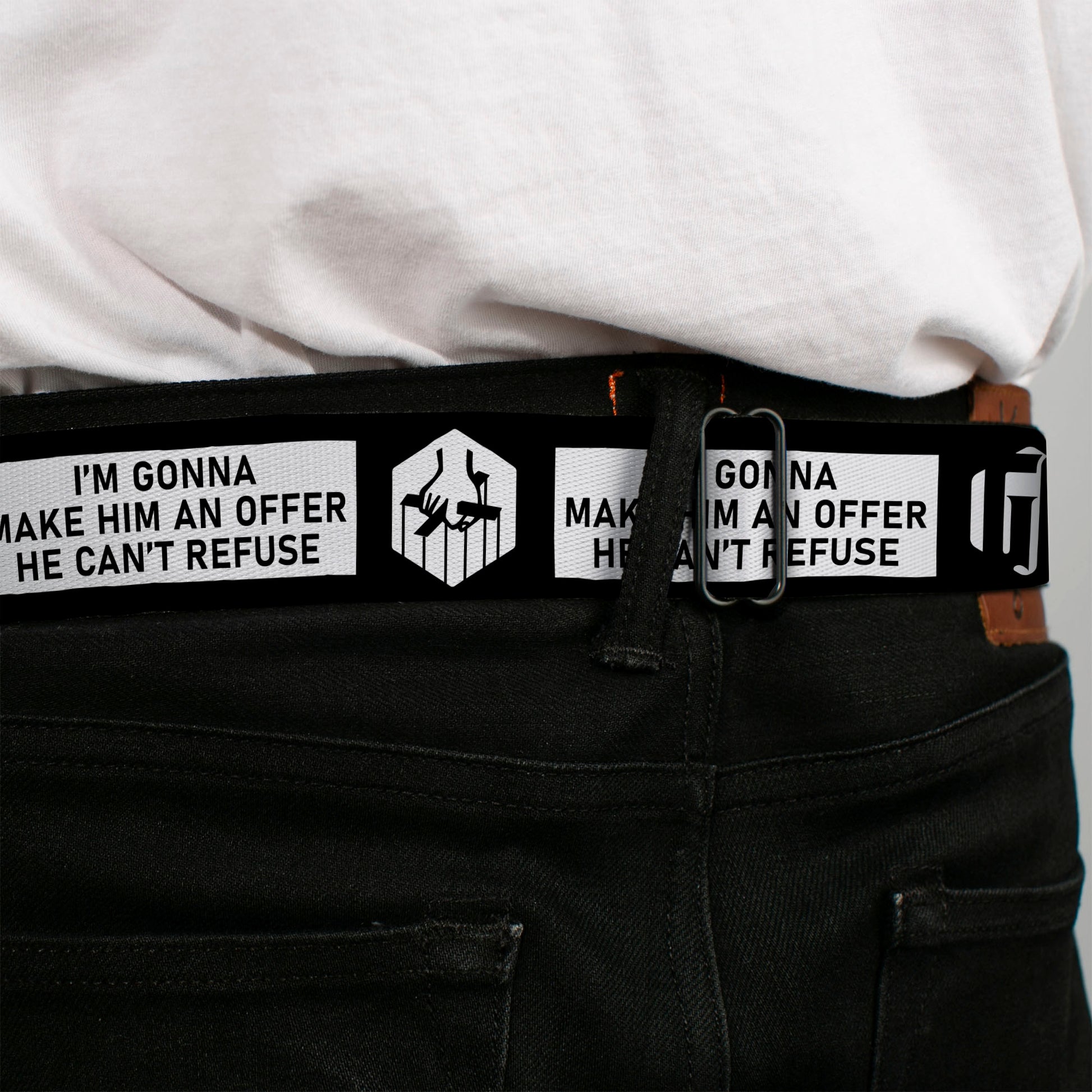 THE GODFATHER Title Logo Full Color Black/White Seatbelt Belt - The Godfather Quote I'M GONNA MAKE HIM AN OFFER HE CAN'T REFUSE Black/White Webbing Seatbelt Belts The Godfather
