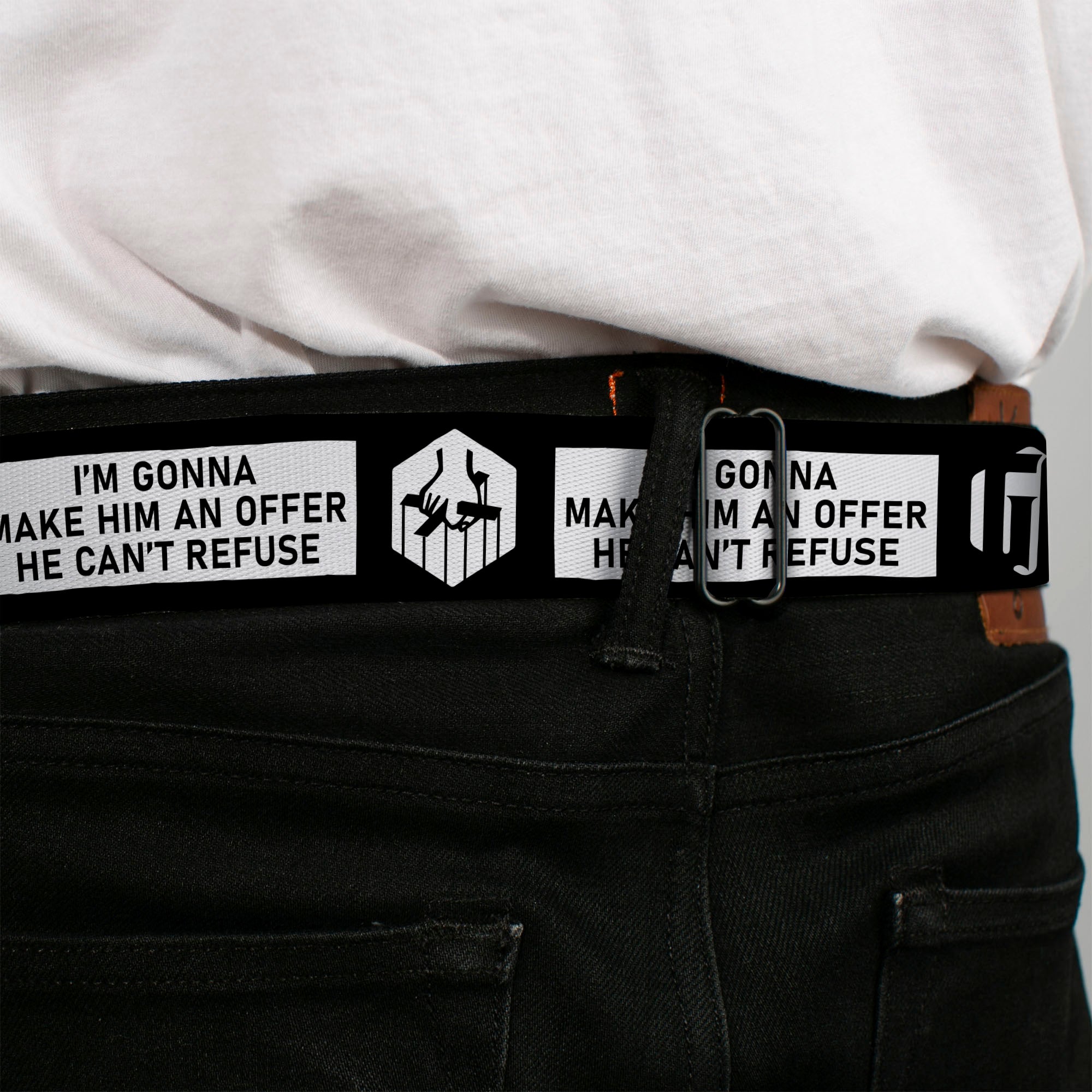 THE GODFATHER Title Logo Full Color Black/White Seatbelt Belt - The Godfather Quote I'M GONNA MAKE HIM AN OFFER HE CAN'T REFUSE Black/White Webbing Seatbelt Belts The Godfather