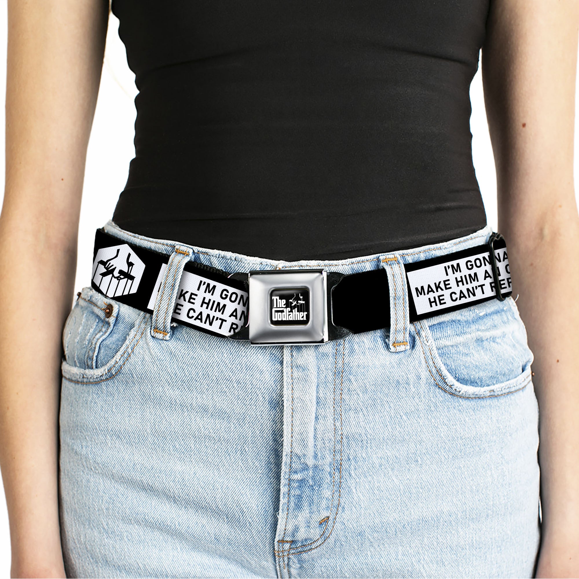 THE GODFATHER Title Logo Full Color Black/White Seatbelt Belt - The Godfather Quote I'M GONNA MAKE HIM AN OFFER HE CAN'T REFUSE Black/White Webbing Seatbelt Belts The Godfather