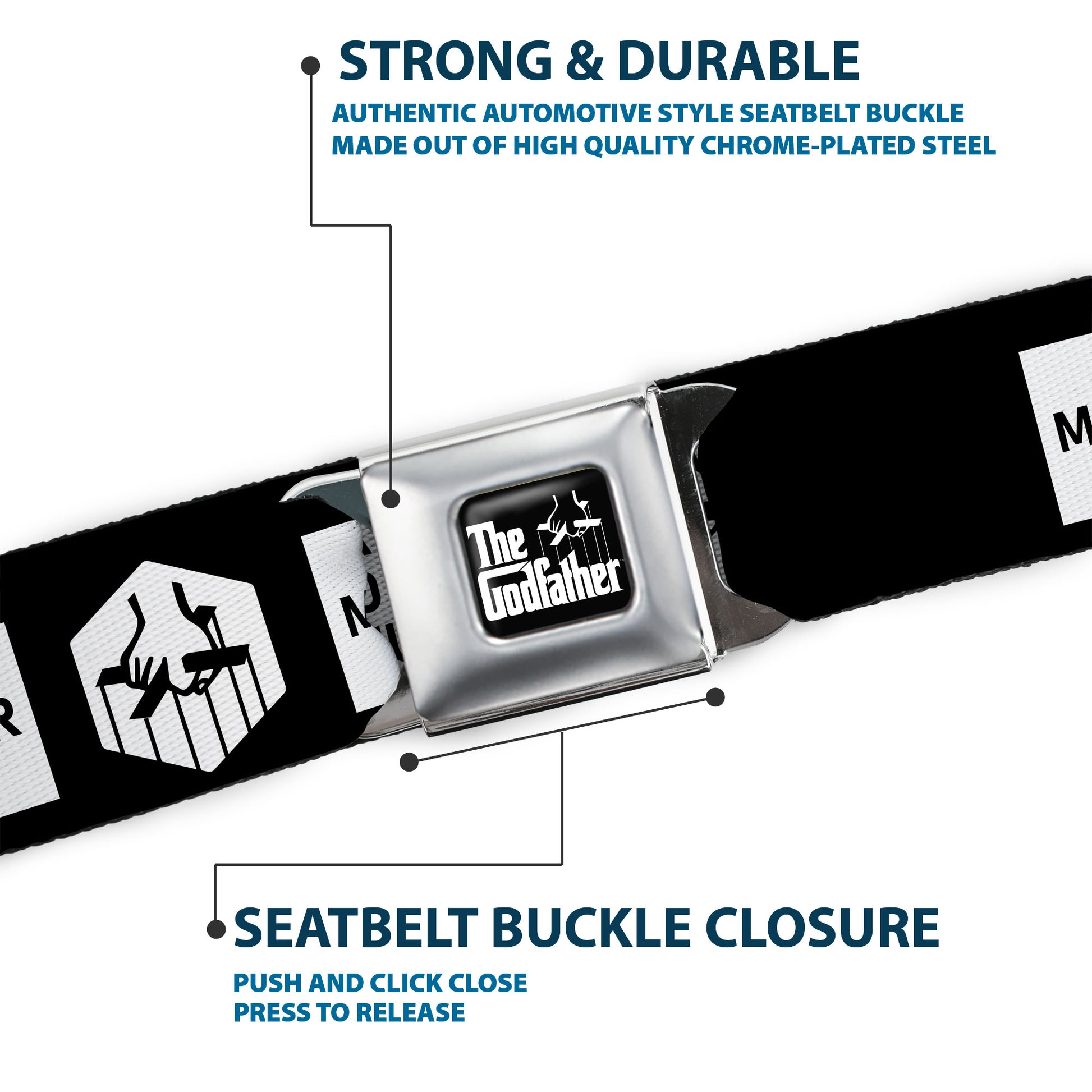 THE GODFATHER Title Logo Full Color Black/White Seatbelt Belt - The Godfather Quote I'M GONNA MAKE HIM AN OFFER HE CAN'T REFUSE Black/White Webbing Seatbelt Belts The Godfather