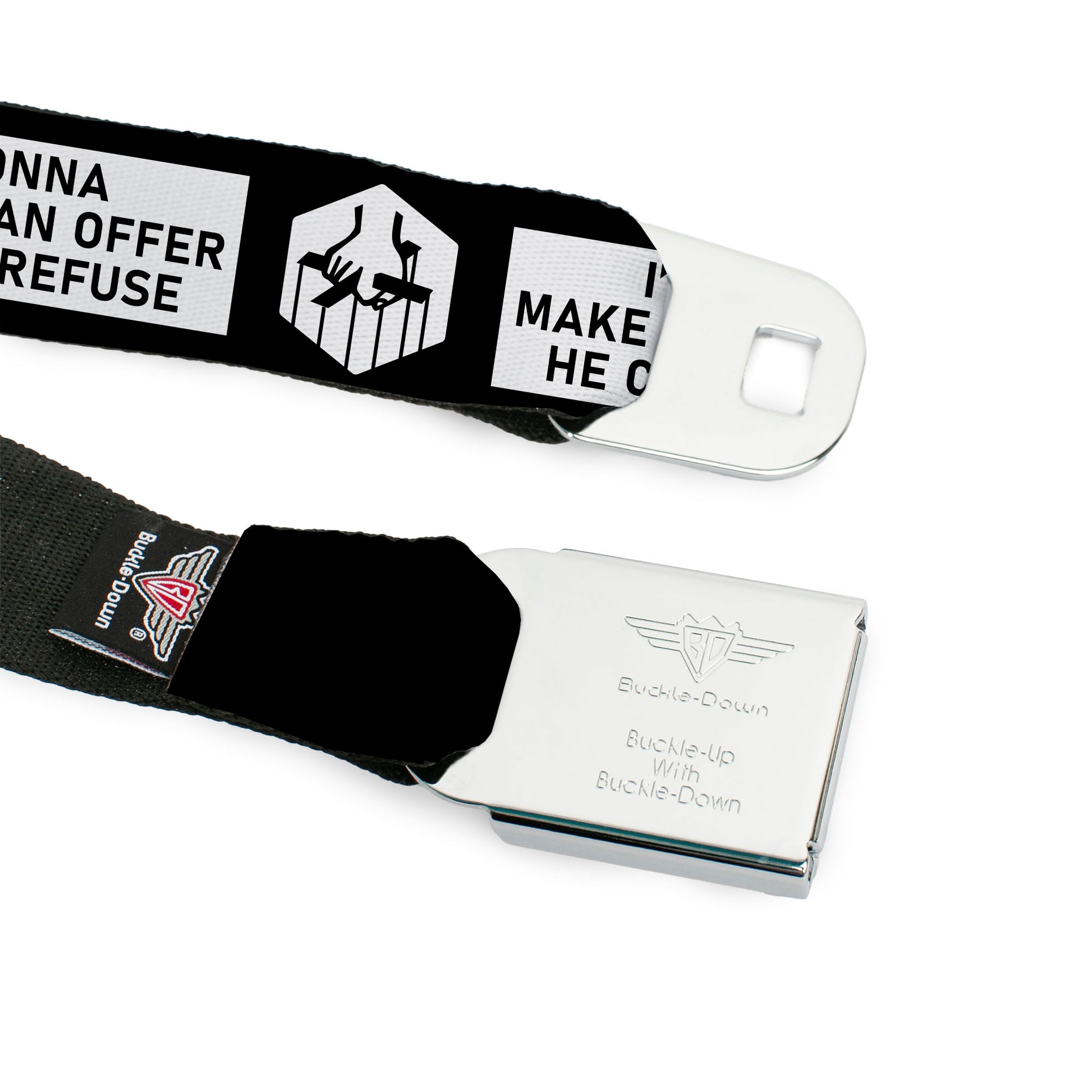 THE GODFATHER Title Logo Full Color Black/White Seatbelt Belt - The Godfather Quote I'M GONNA MAKE HIM AN OFFER HE CAN'T REFUSE Black/White Webbing Seatbelt Belts The Godfather
