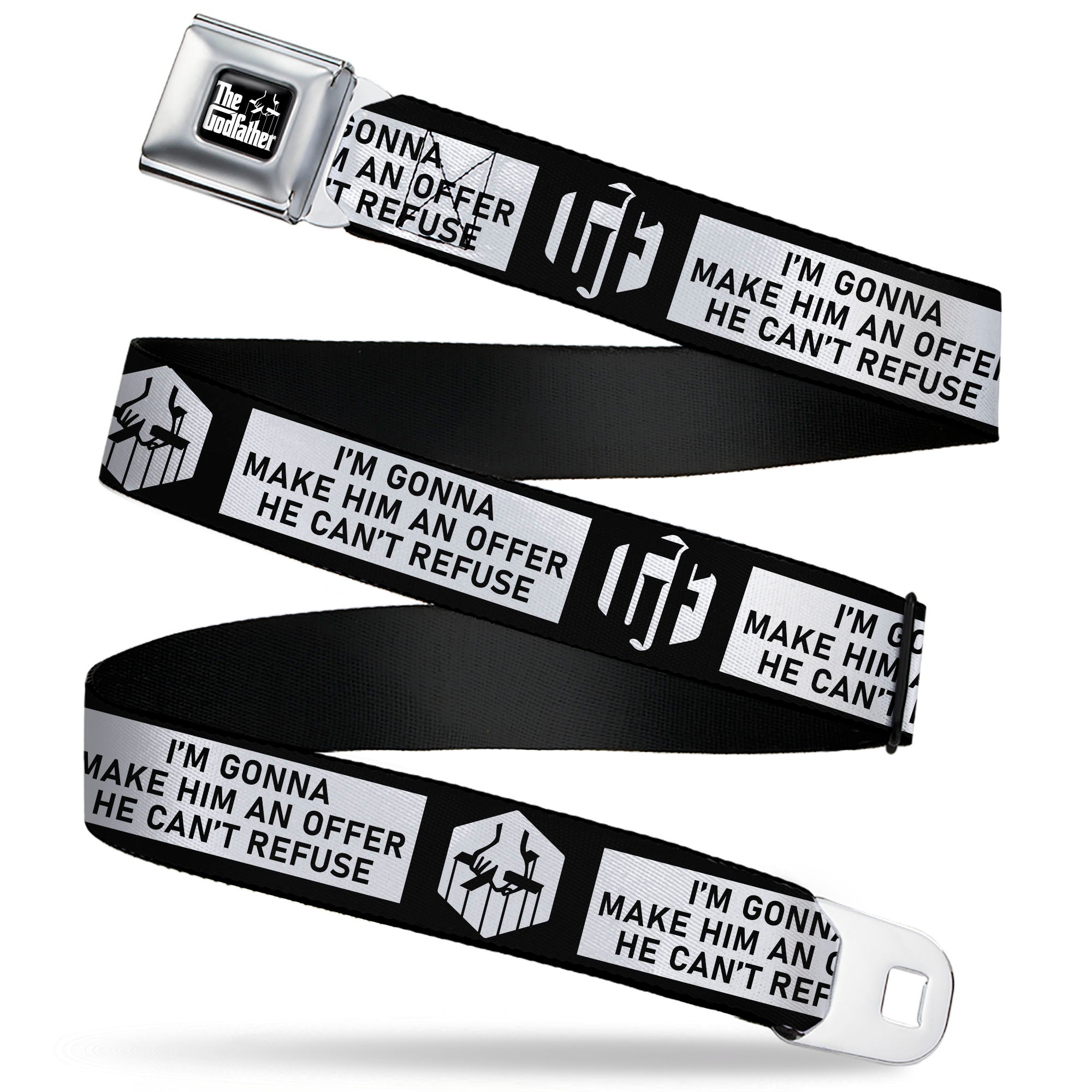 THE GODFATHER Title Logo Full Color Black/White Seatbelt Belt - The Godfather Quote I'M GONNA MAKE HIM AN OFFER HE CAN'T REFUSE Black/White Webbing Seatbelt Belts The Godfather