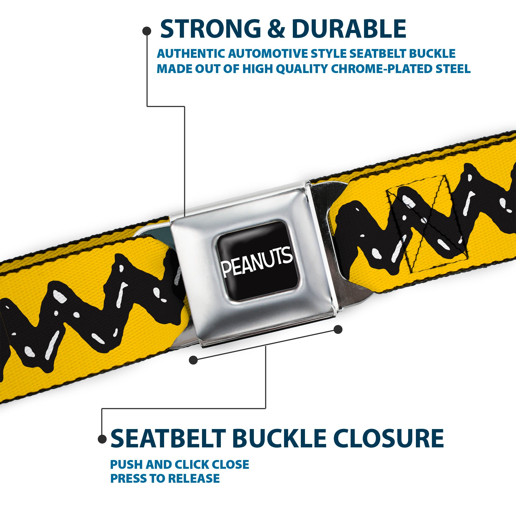 PEANUTS Title Logo Full Color Black/White Seatbelt Belt - Peanuts Charlie Brown Zig Zag Stripe Yellow/Black Webbing Seatbelt Belts Peanuts