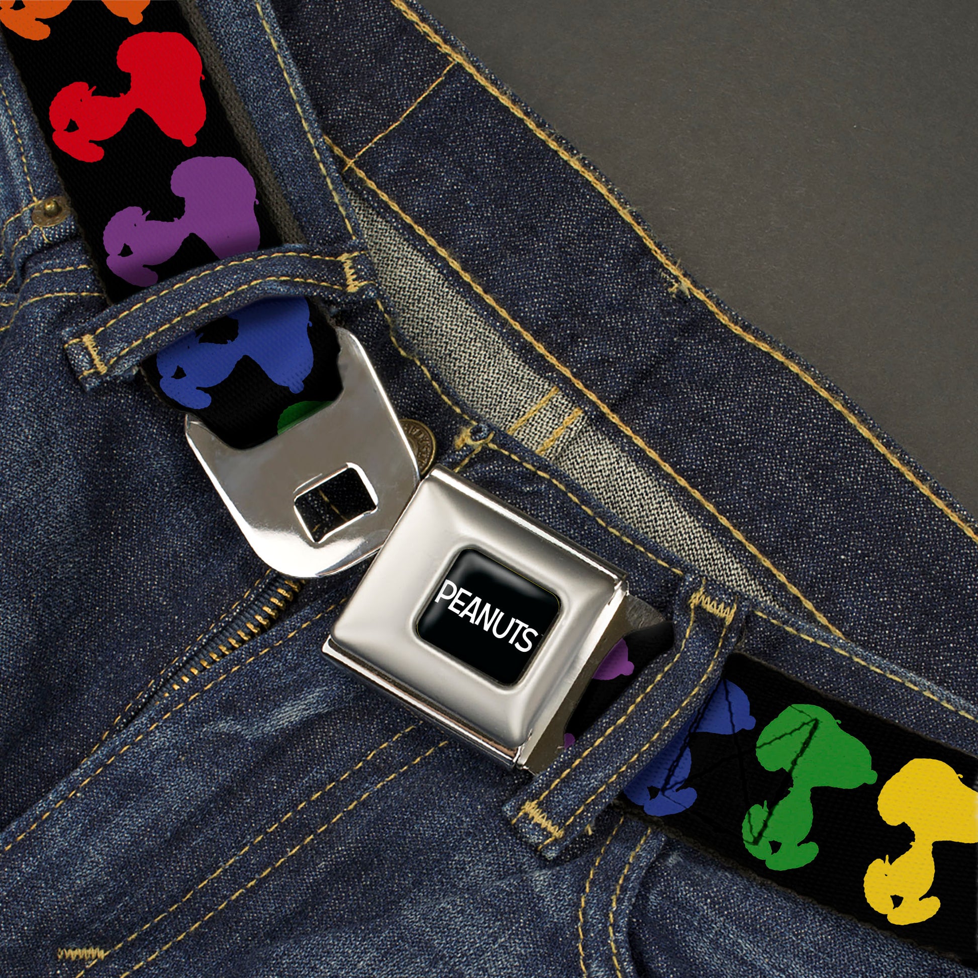 PEANUTS Title Logo Full Color Black/White Seatbelt Belt - Peanuts Snoopy Silhoutte Pose Black/Rainbow Multi Color Webbing Seatbelt Belts Peanuts