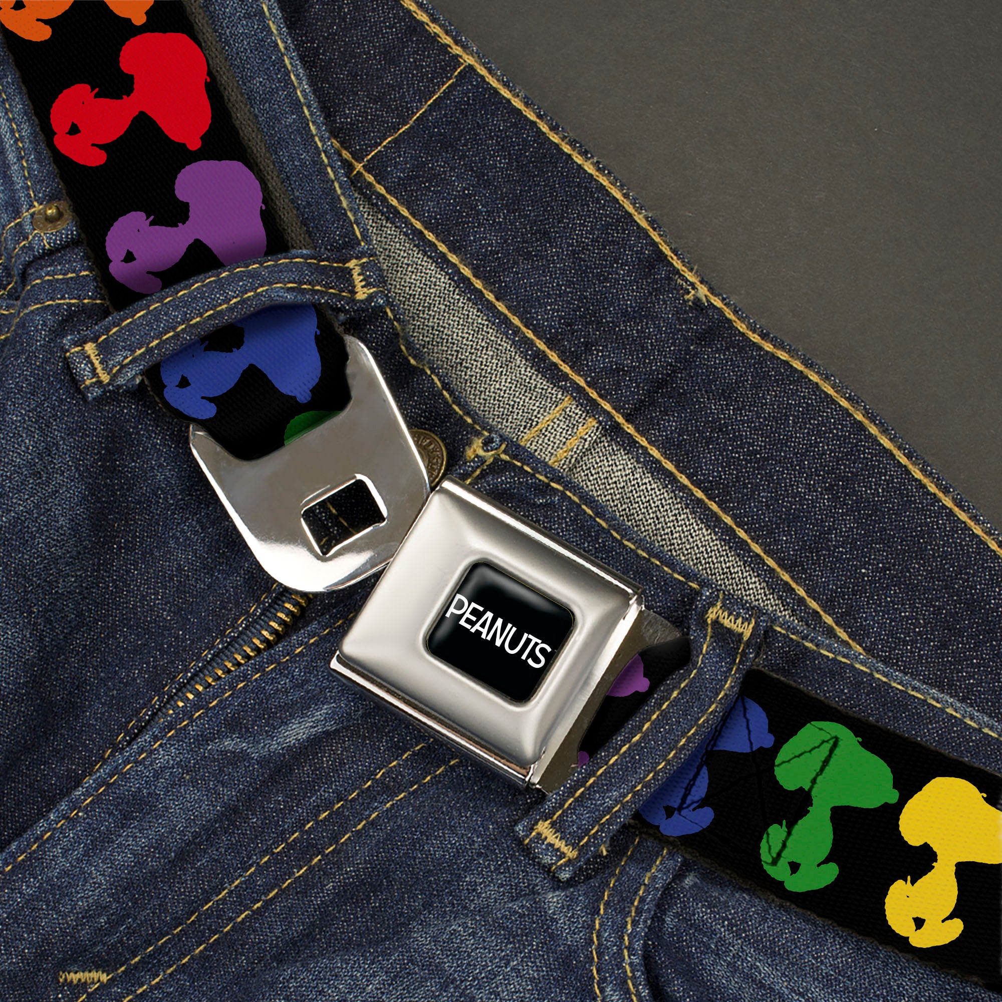 PEANUTS Title Logo Full Color Black/White Seatbelt Belt - Peanuts Snoopy Silhoutte Pose Black/Rainbow Multi Color Webbing Seatbelt Belts Peanuts