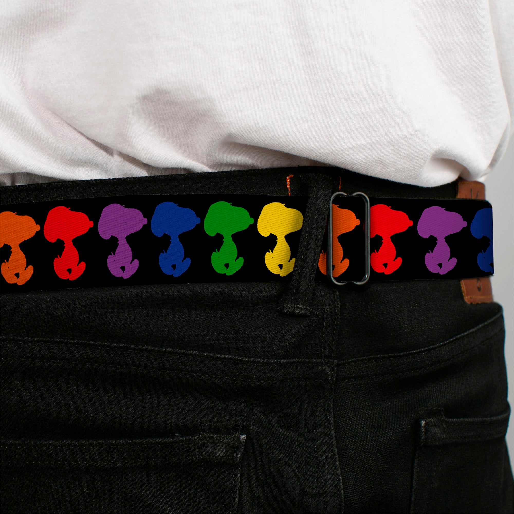 PEANUTS Title Logo Full Color Black/White Seatbelt Belt - Peanuts Snoopy Silhoutte Pose Black/Rainbow Multi Color Webbing Seatbelt Belts Peanuts