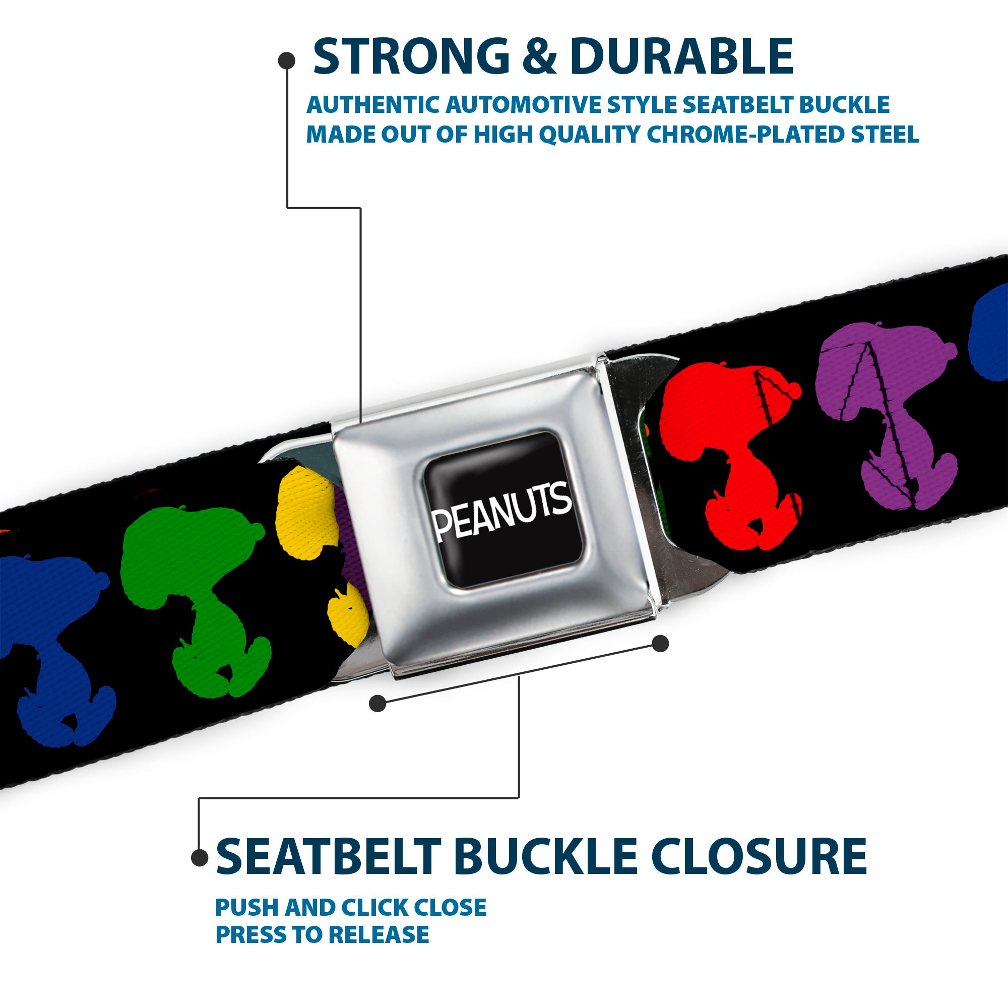 PEANUTS Title Logo Full Color Black/White Seatbelt Belt - Peanuts Snoopy Silhoutte Pose Black/Rainbow Multi Color Webbing Seatbelt Belts Peanuts